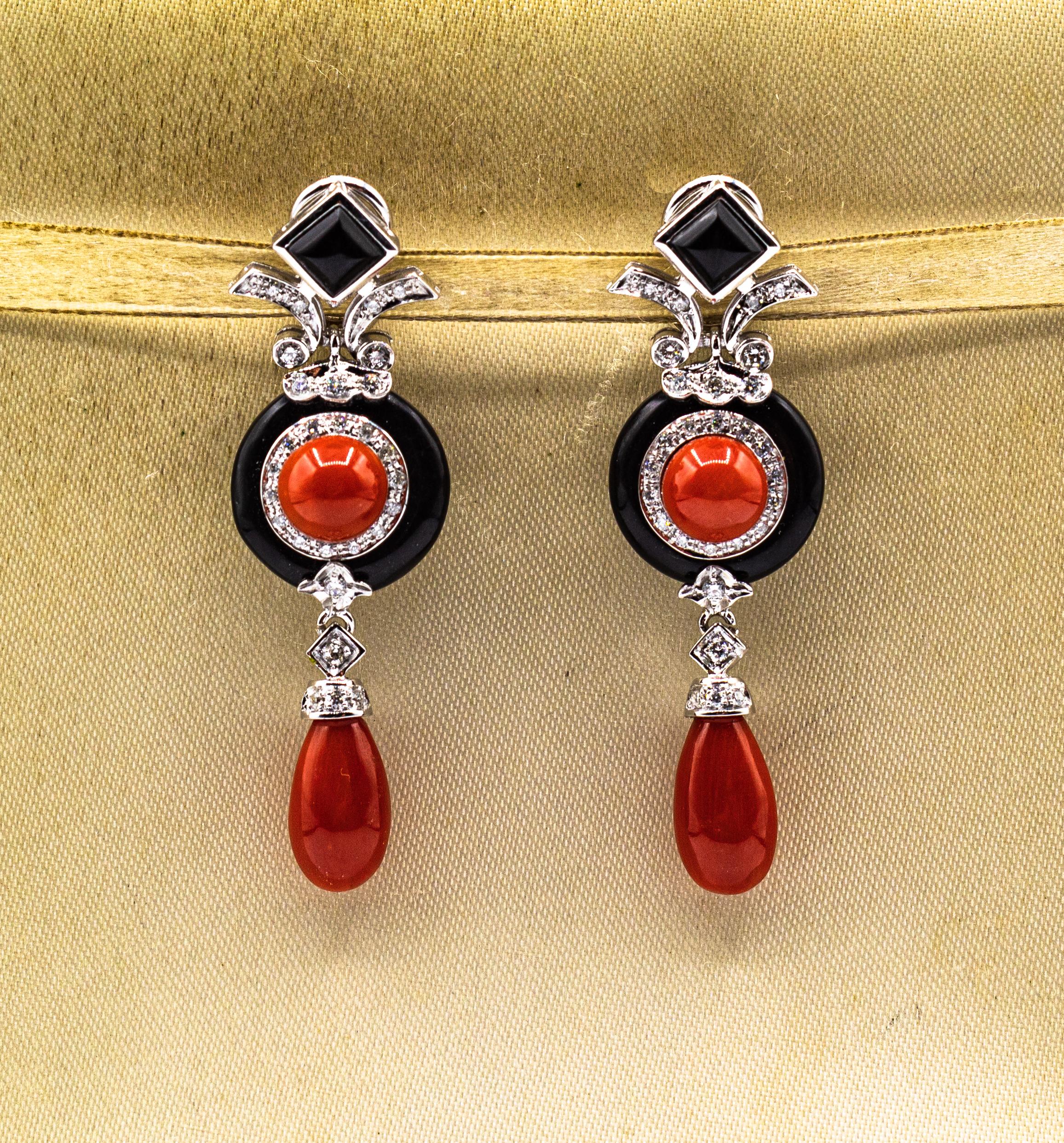 Art Deco Style Mediterranean Red Coral White Diamond Onyx White Gold Earrings For Sale 5