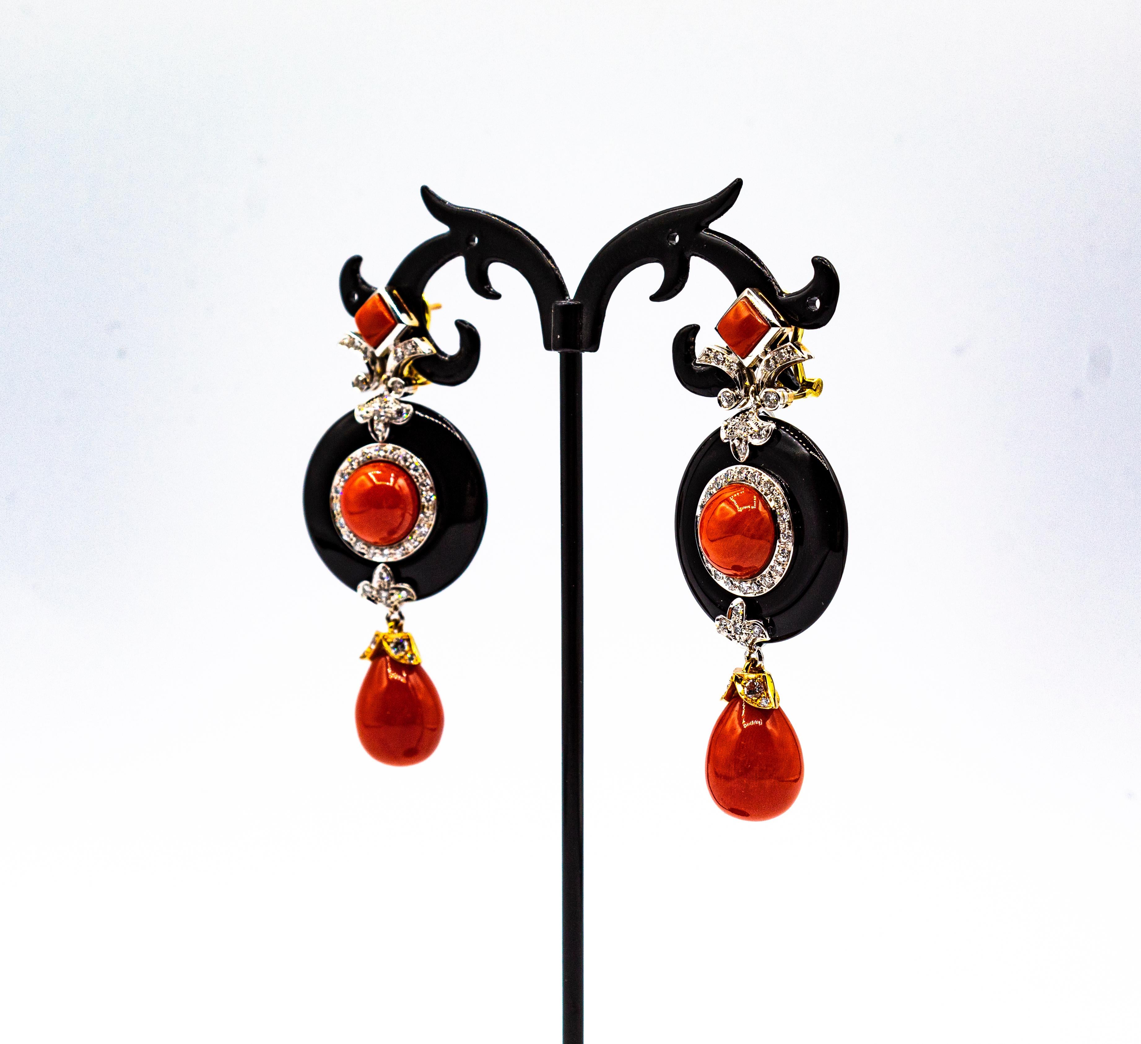 Art Deco Style Mediterranean Red Coral White Diamond Onyx White Gold Earrings For Sale 6