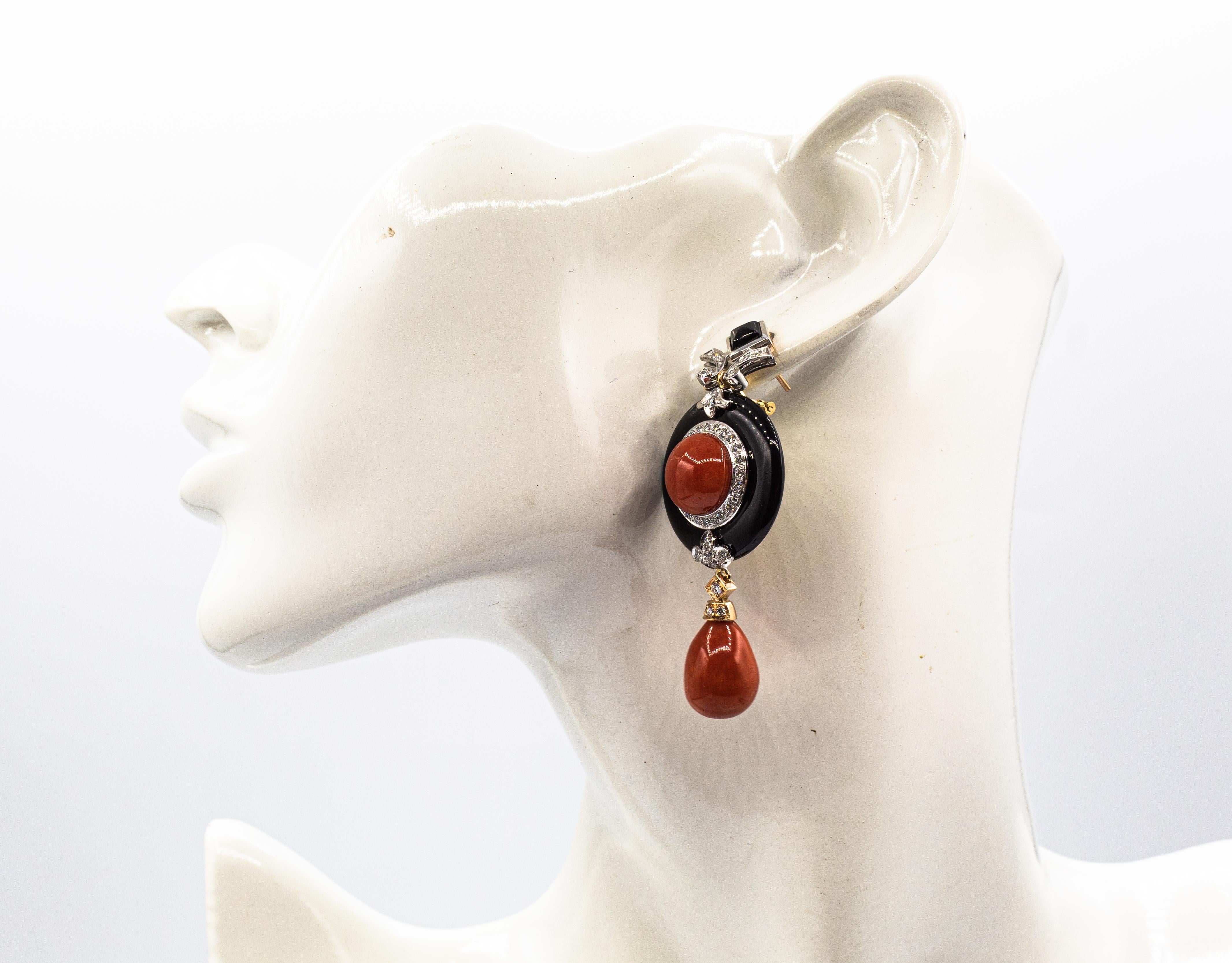 Art Deco Style Mediterranean Red Coral White Diamond Onyx White Gold Earrings 6