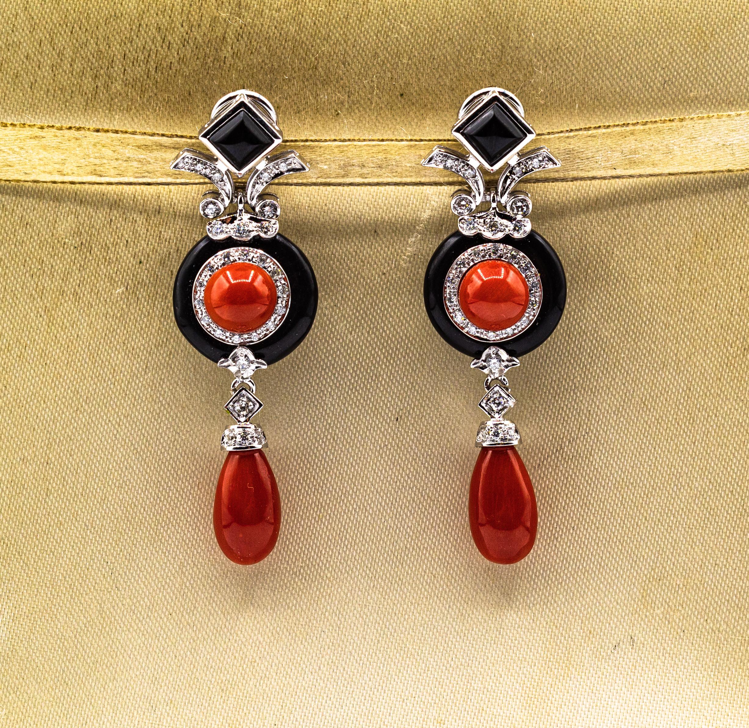 Art Deco Style Mediterranean Red Coral White Diamond Onyx White Gold Earrings For Sale 6