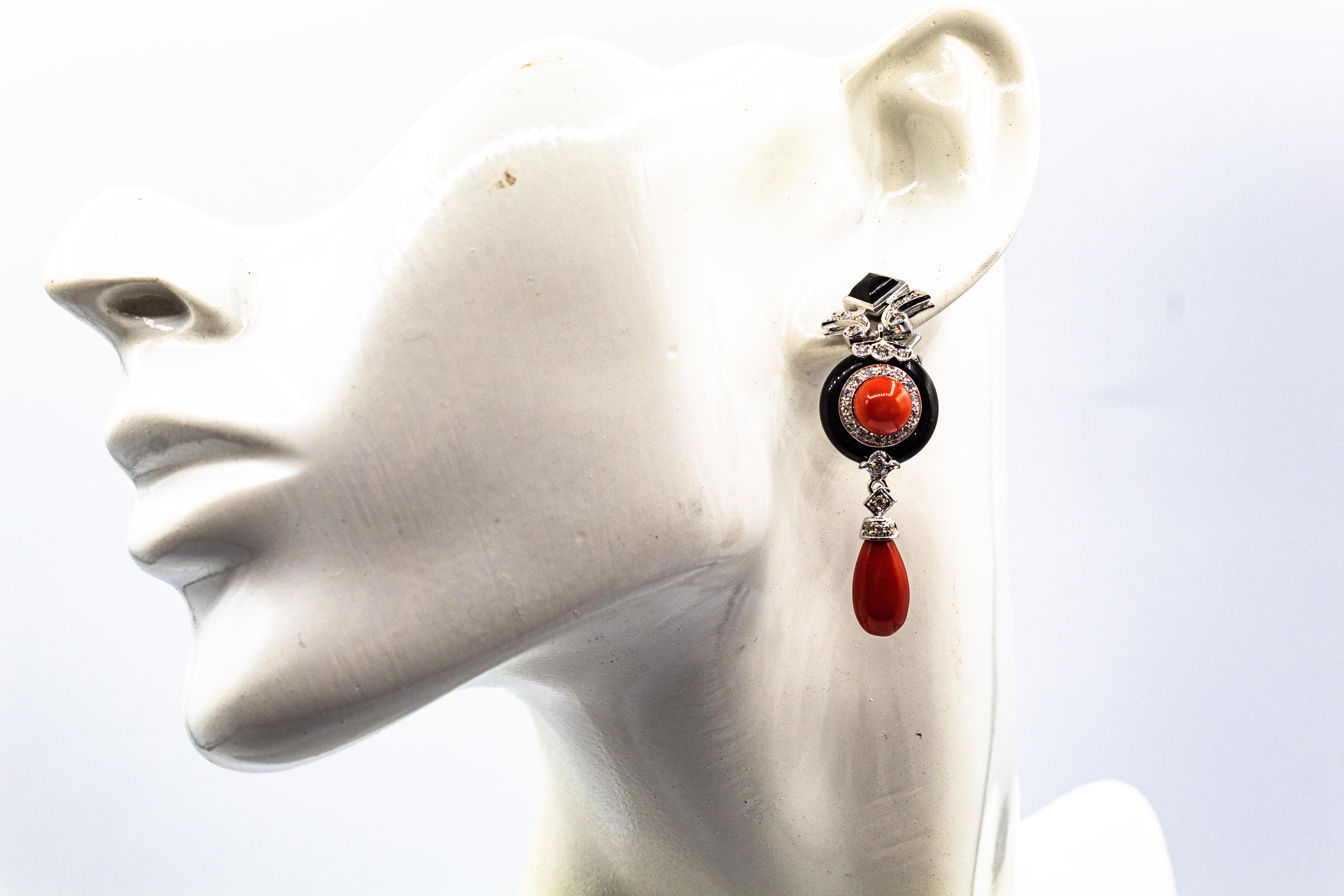 Art Deco Style Mediterranean Red Coral White Diamond Onyx White Gold Earrings For Sale 7
