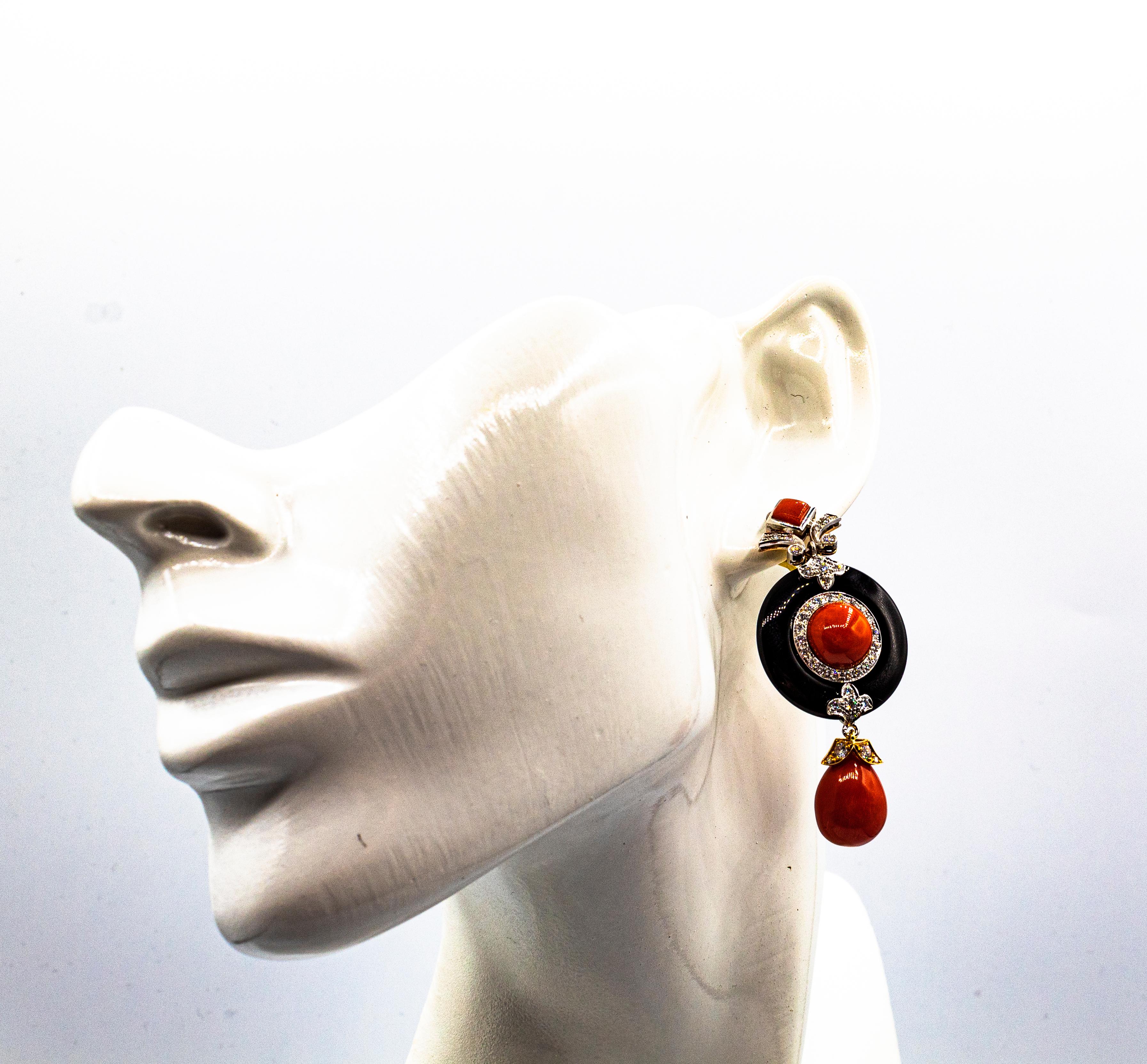 Art Deco Style Mediterranean Red Coral White Diamond Onyx White Gold Earrings 7