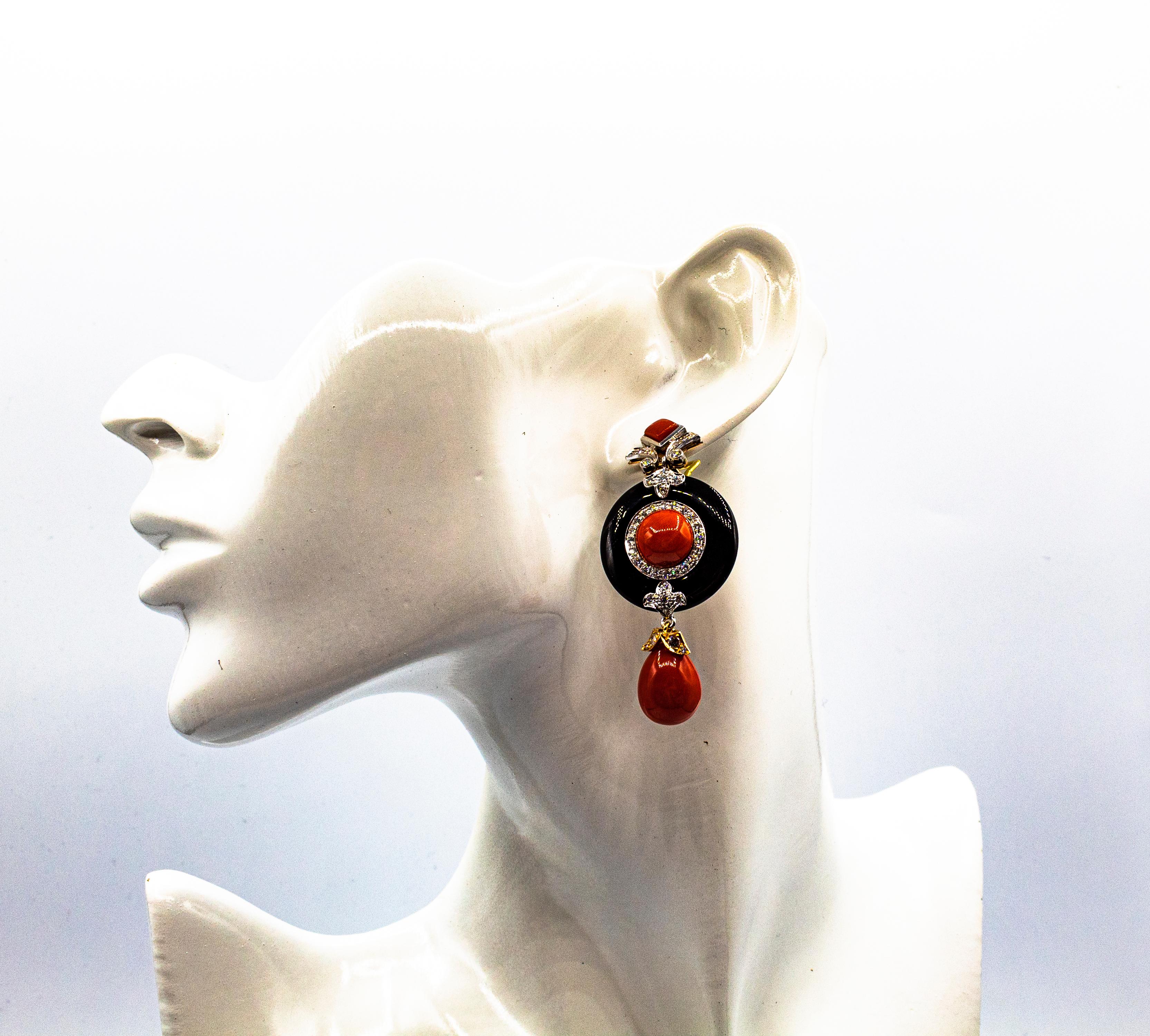 Art Deco Style Mediterranean Red Coral White Diamond Onyx White Gold Earrings For Sale 8