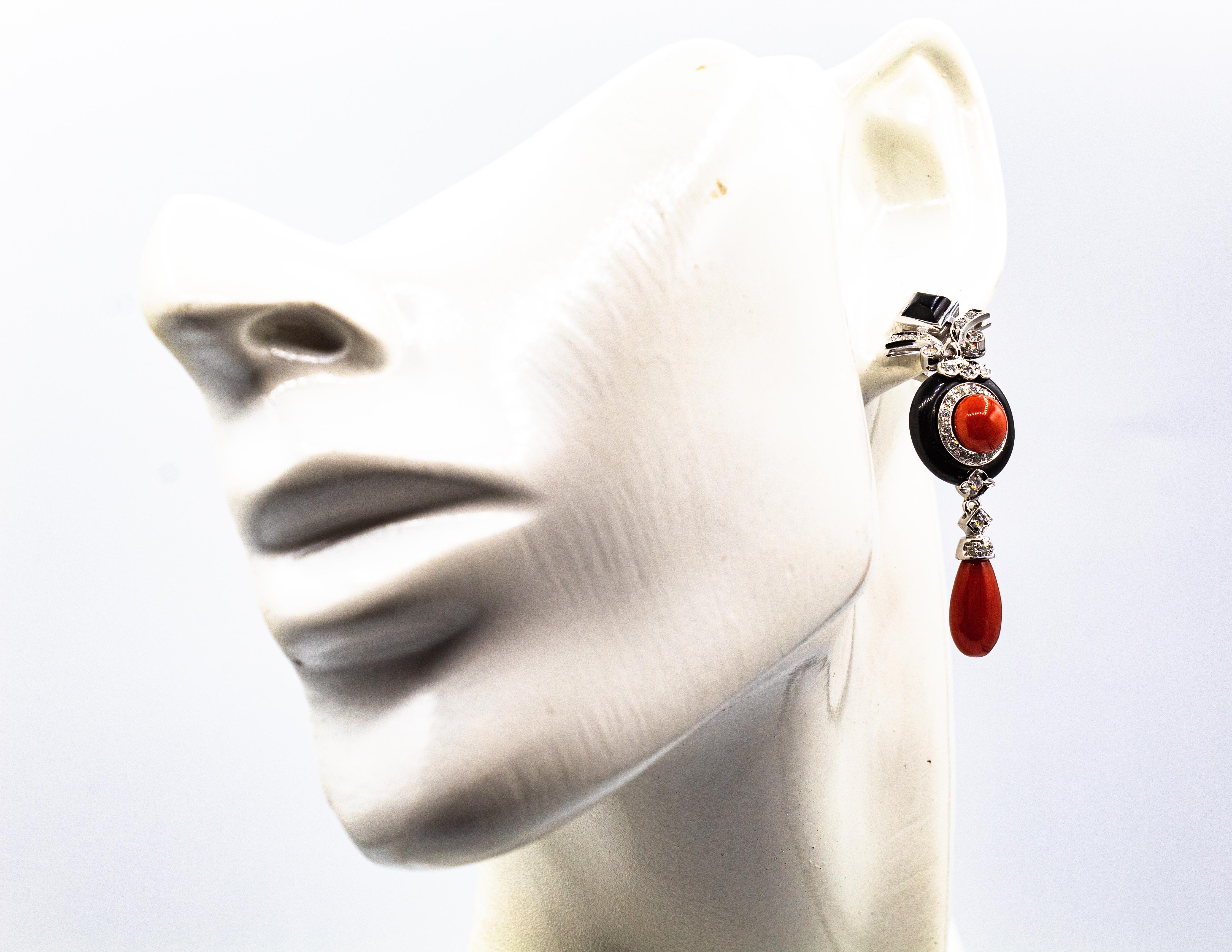 Art Deco Style Mediterranean Red Coral White Diamond Onyx White Gold Earrings For Sale 8