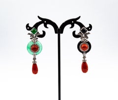 Art Deco Style Mediterranean Red Coral White Diamond Onyx White Gold Earrings