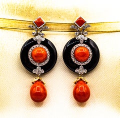 Art Deco Style Mediterranean Red Coral White Diamond Onyx White Gold Earrings
