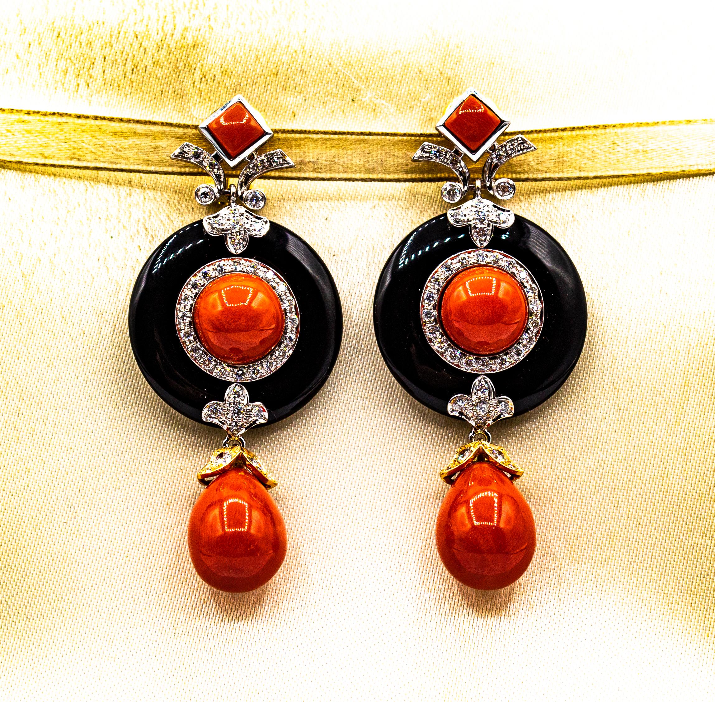 Brilliant Cut Art Deco Style Mediterranean Red Coral White Diamond Onyx White Gold Earrings For Sale