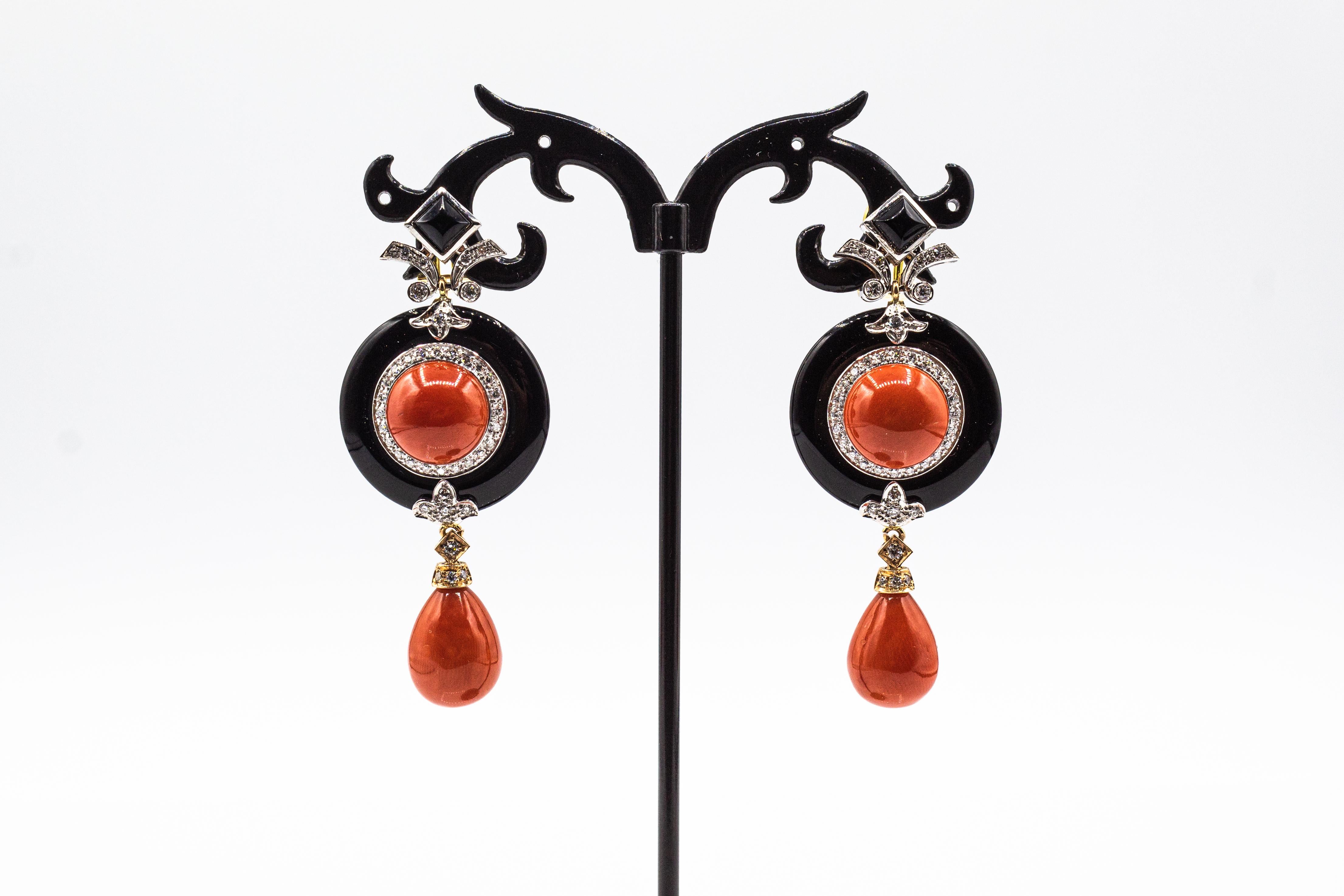 Brilliant Cut Art Deco Style Mediterranean Red Coral White Diamond Onyx White Gold Earrings