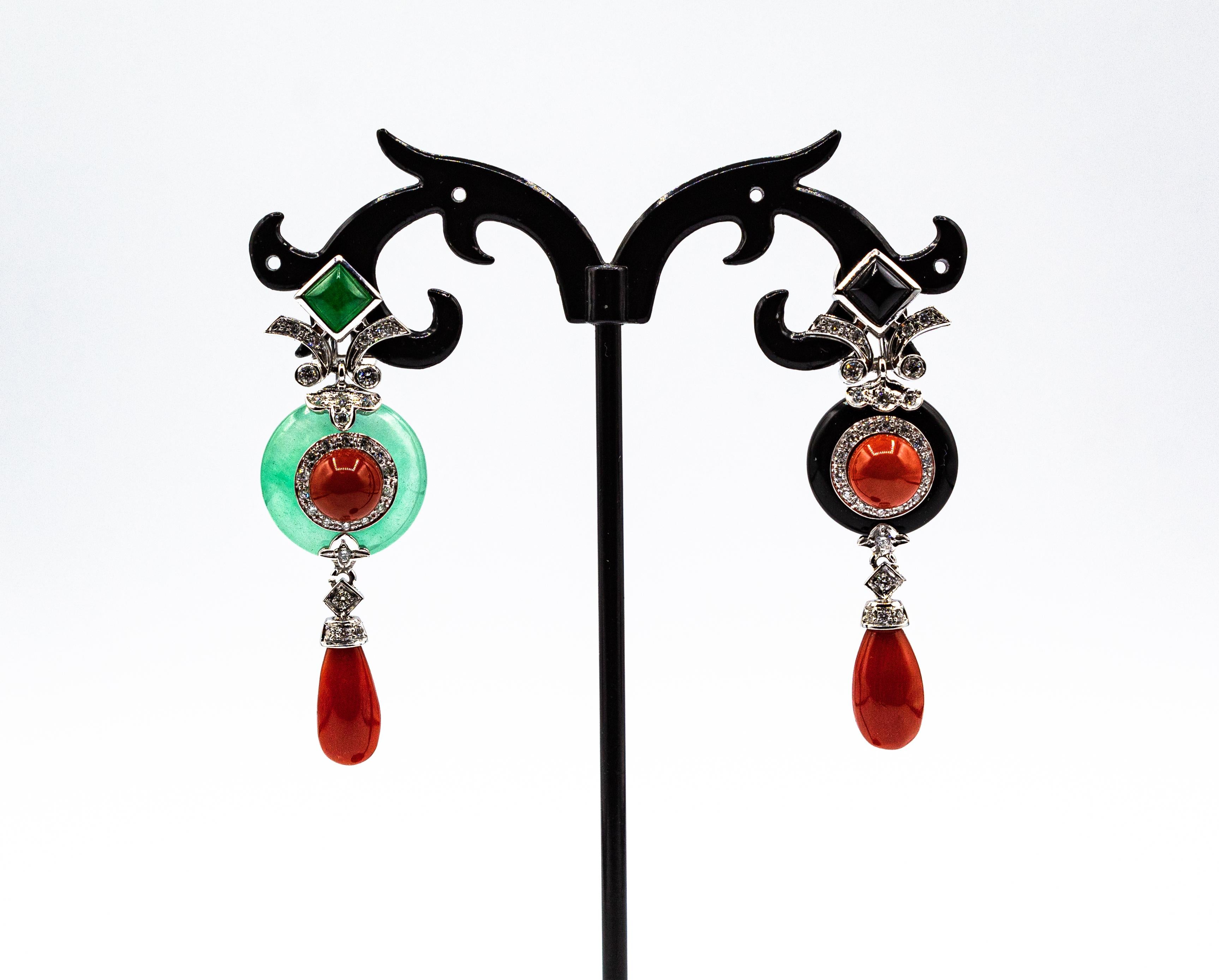 Brilliant Cut Art Deco Style Mediterranean Red Coral White Diamond Onyx White Gold Earrings For Sale