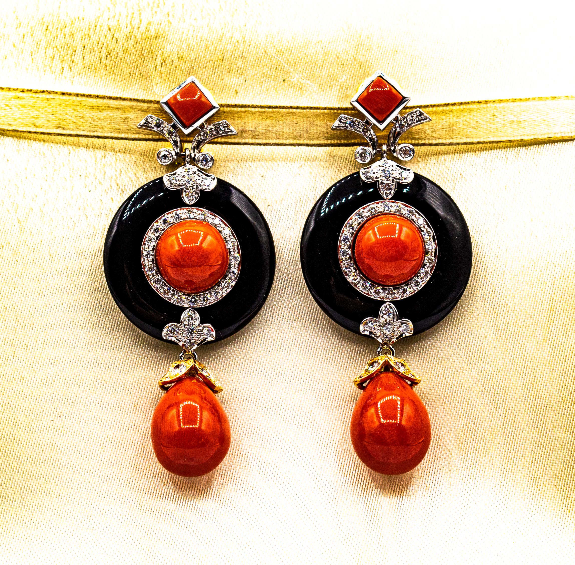 Brilliant Cut Art Deco Style Mediterranean Red Coral White Diamond Onyx White Gold Earrings