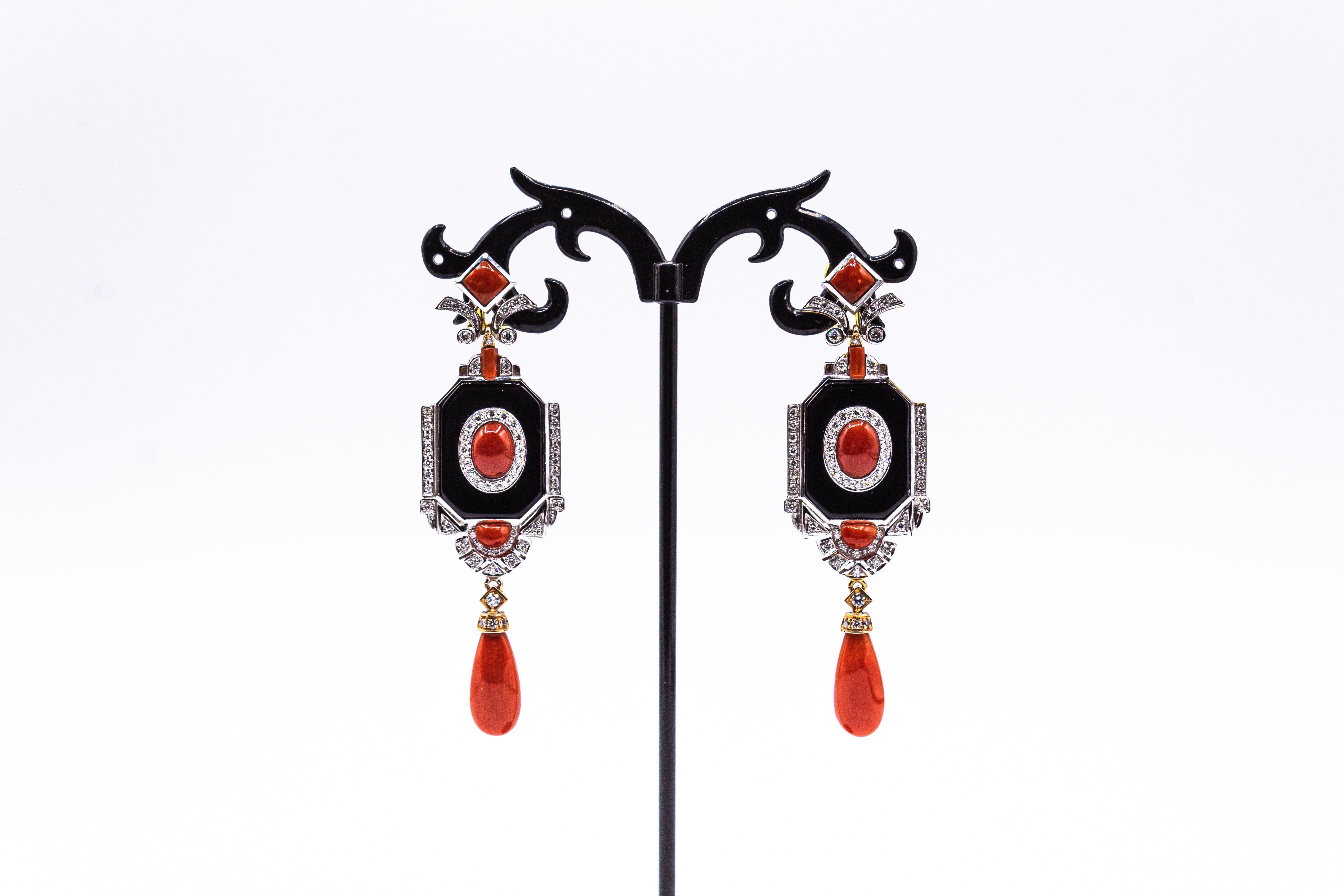 Brilliant Cut Art Deco Style Mediterranean Red Coral White Diamond Onyx White Gold Earrings For Sale
