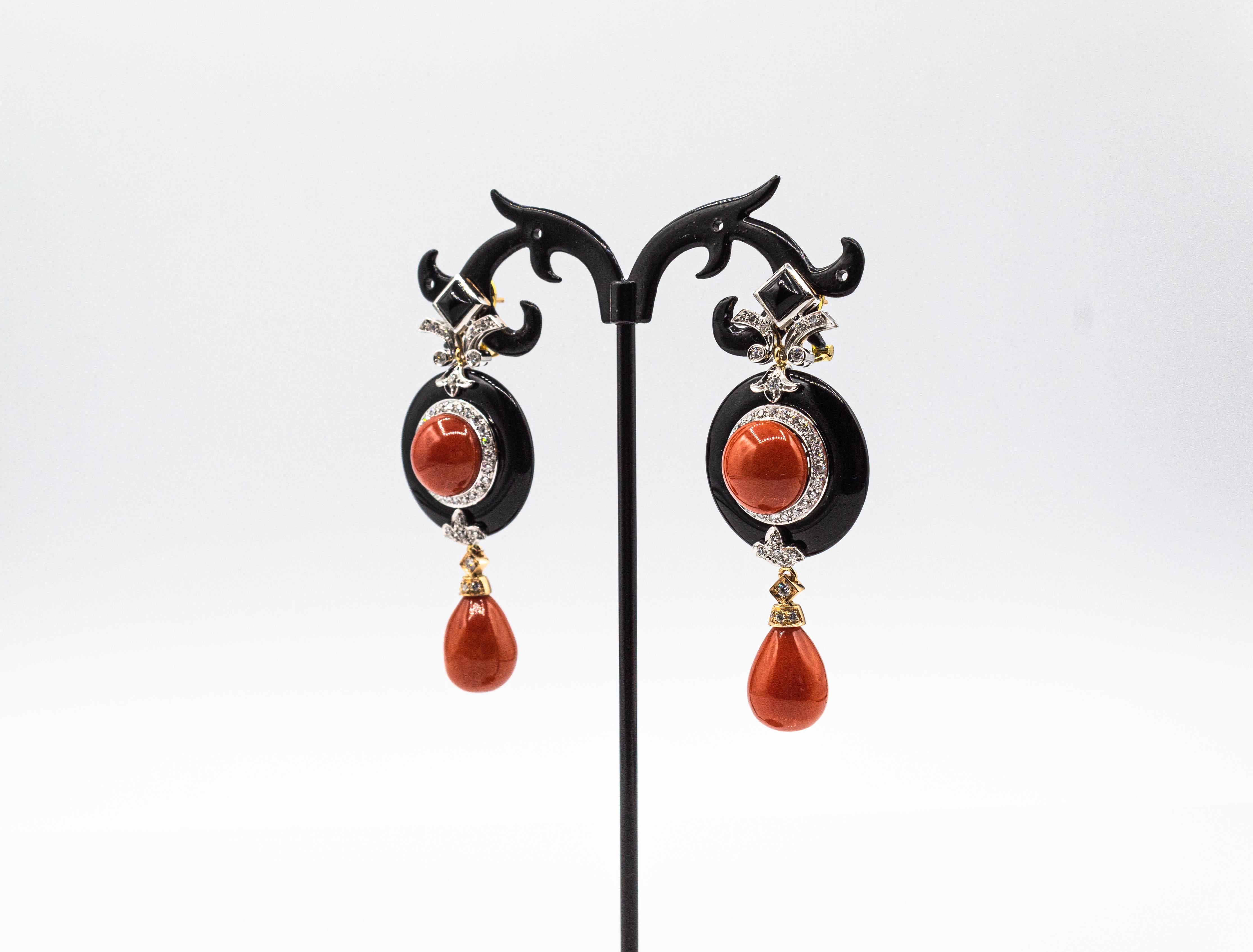Art Deco Style Mediterranean Red Coral White Diamond Onyx White Gold Earrings In New Condition For Sale In Naples, IT
