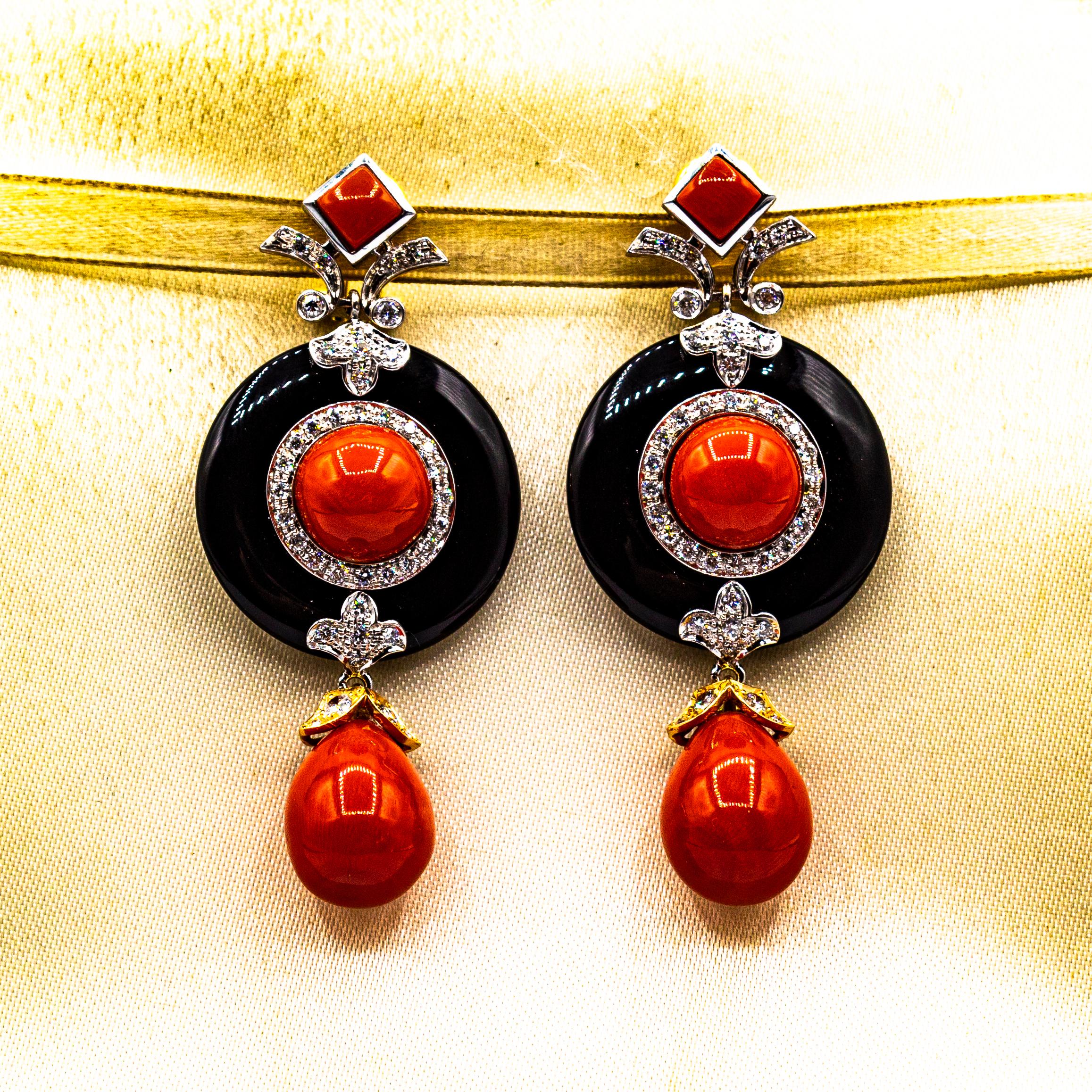 Art Deco Style Mediterranean Red Coral White Diamond Onyx White Gold Earrings In New Condition In Naples, IT