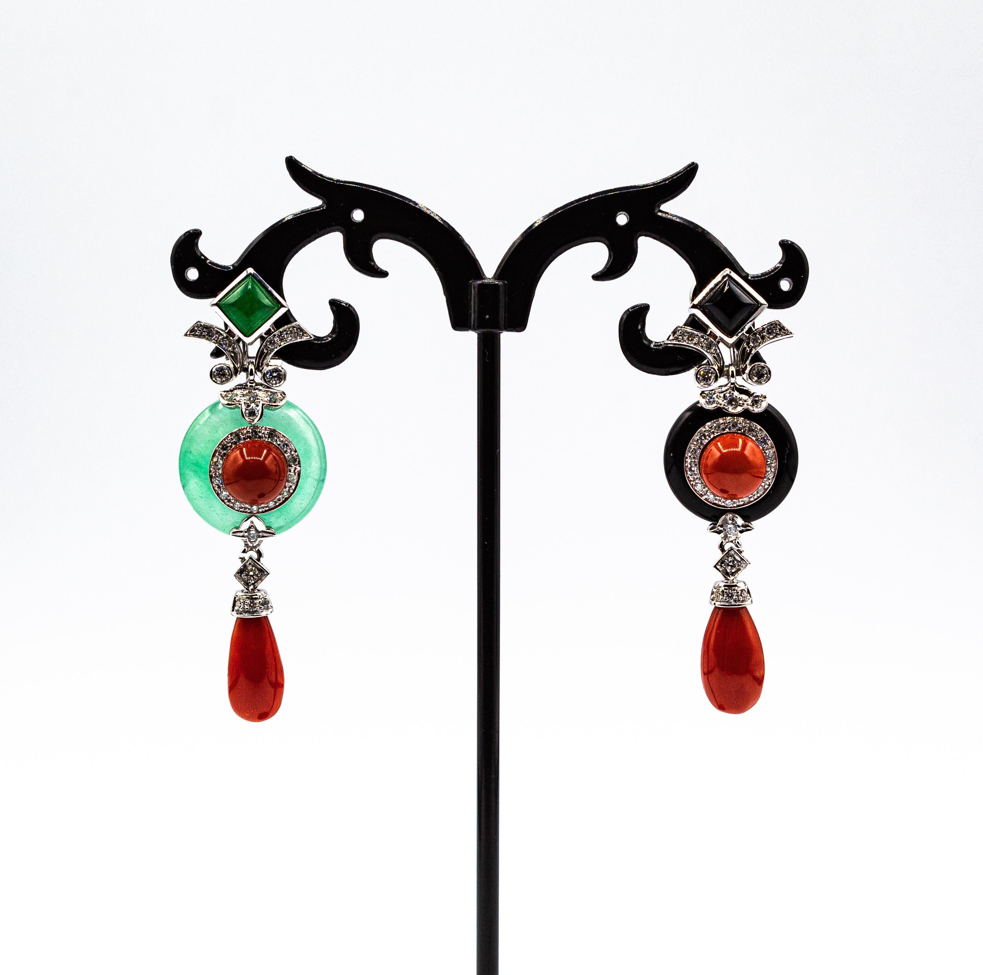 Art Deco Style Mediterranean Red Coral White Diamond Onyx White Gold Earrings In New Condition For Sale In Naples, IT