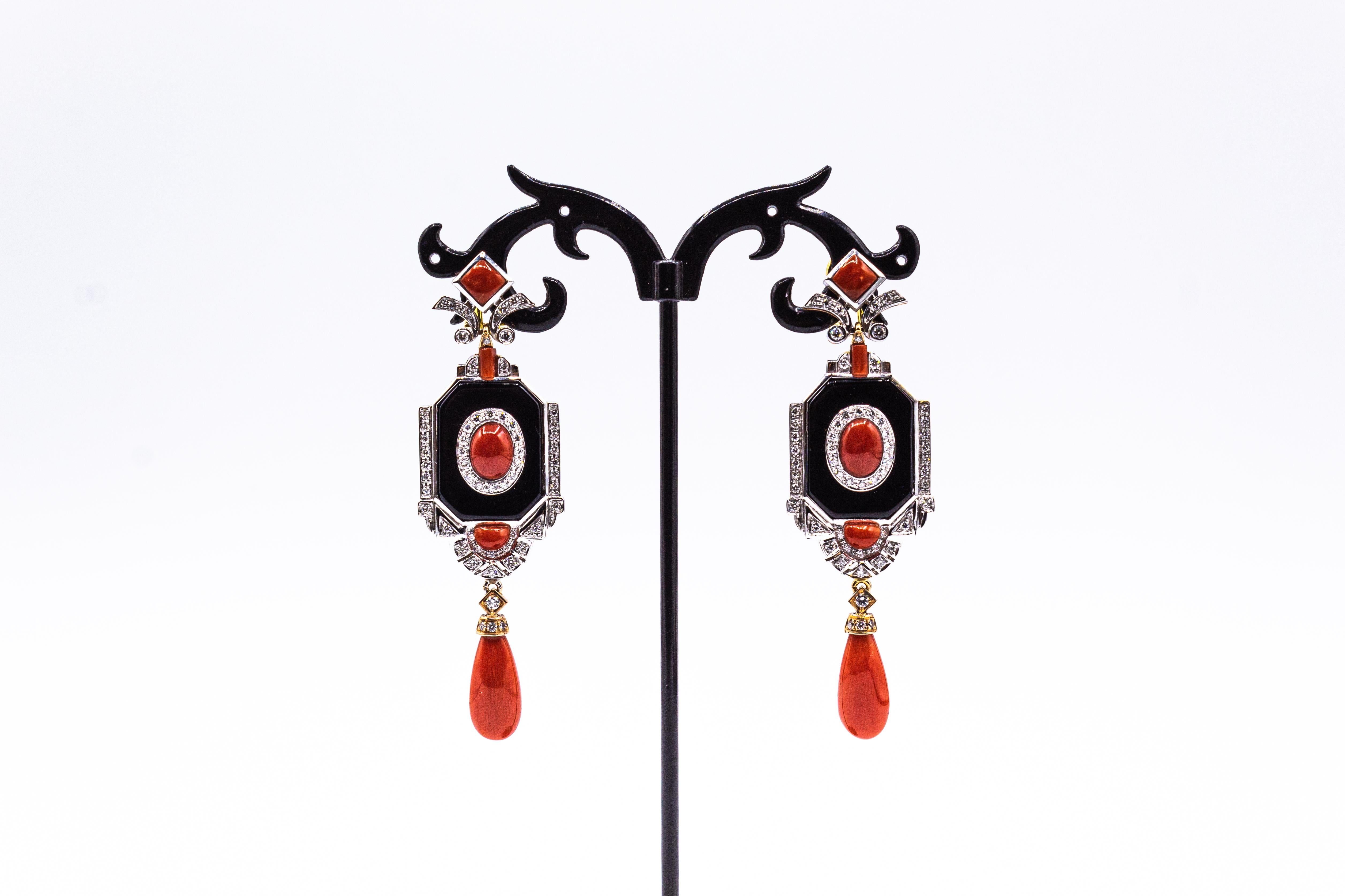 Art Deco Style Mediterranean Red Coral White Diamond Onyx White Gold Earrings In New Condition For Sale In Naples, IT