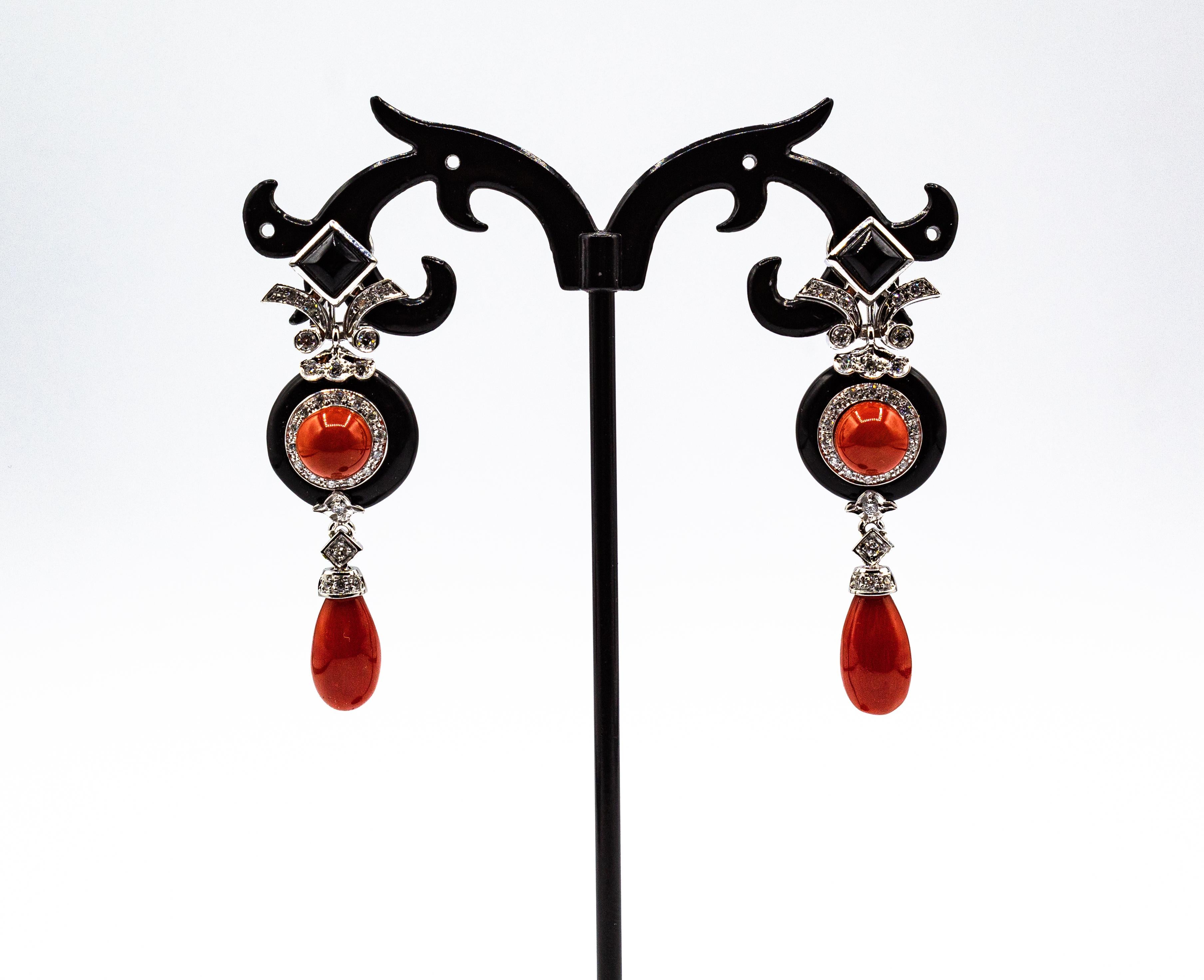 Brilliant Cut Art Deco Style Mediterranean Red Coral White Diamond Onyx White Gold Earrings