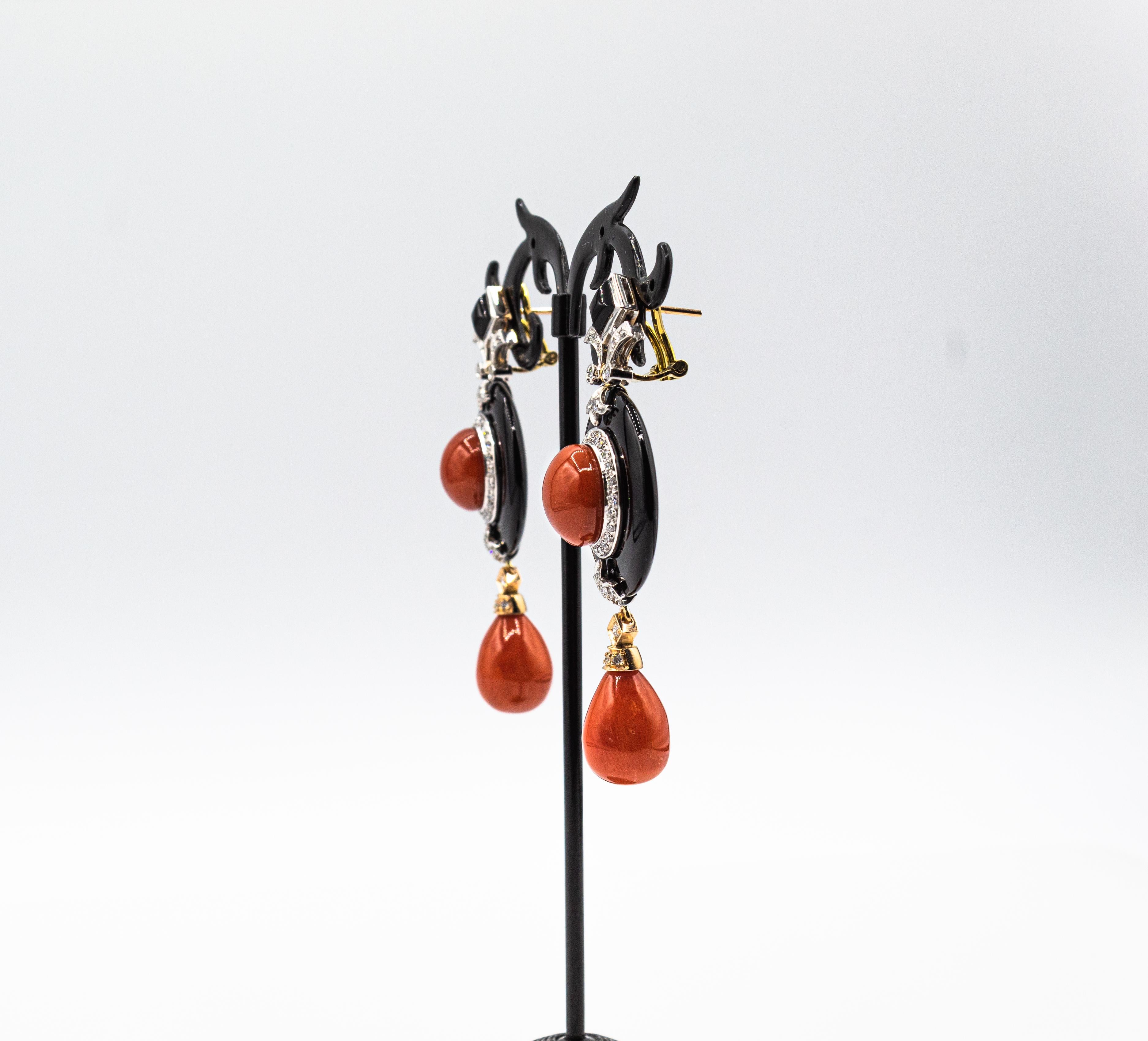 Women's or Men's Art Deco Style Mediterranean Red Coral White Diamond Onyx White Gold Earrings
