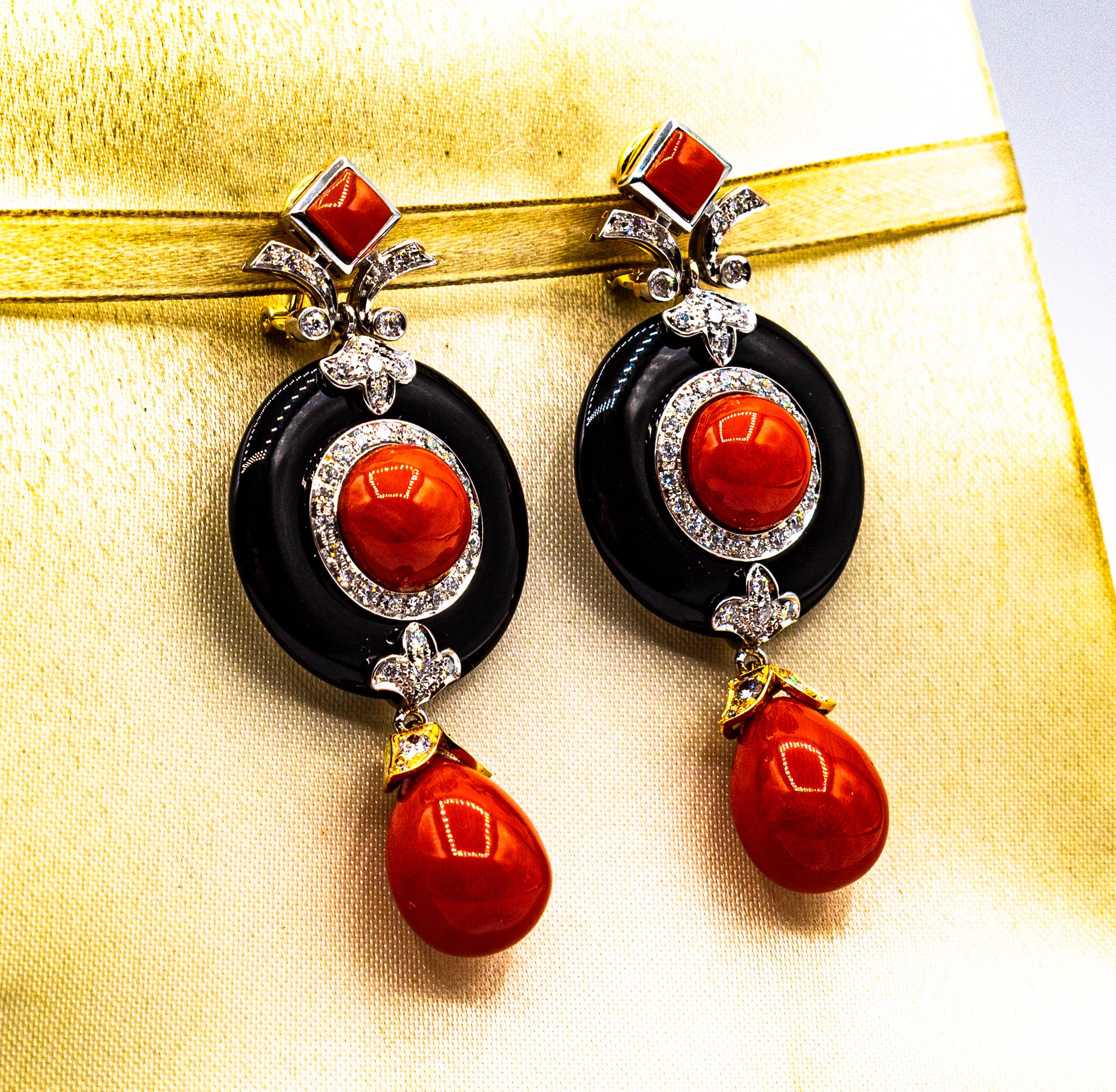 Women's or Men's Art Deco Style Mediterranean Red Coral White Diamond Onyx White Gold Earrings