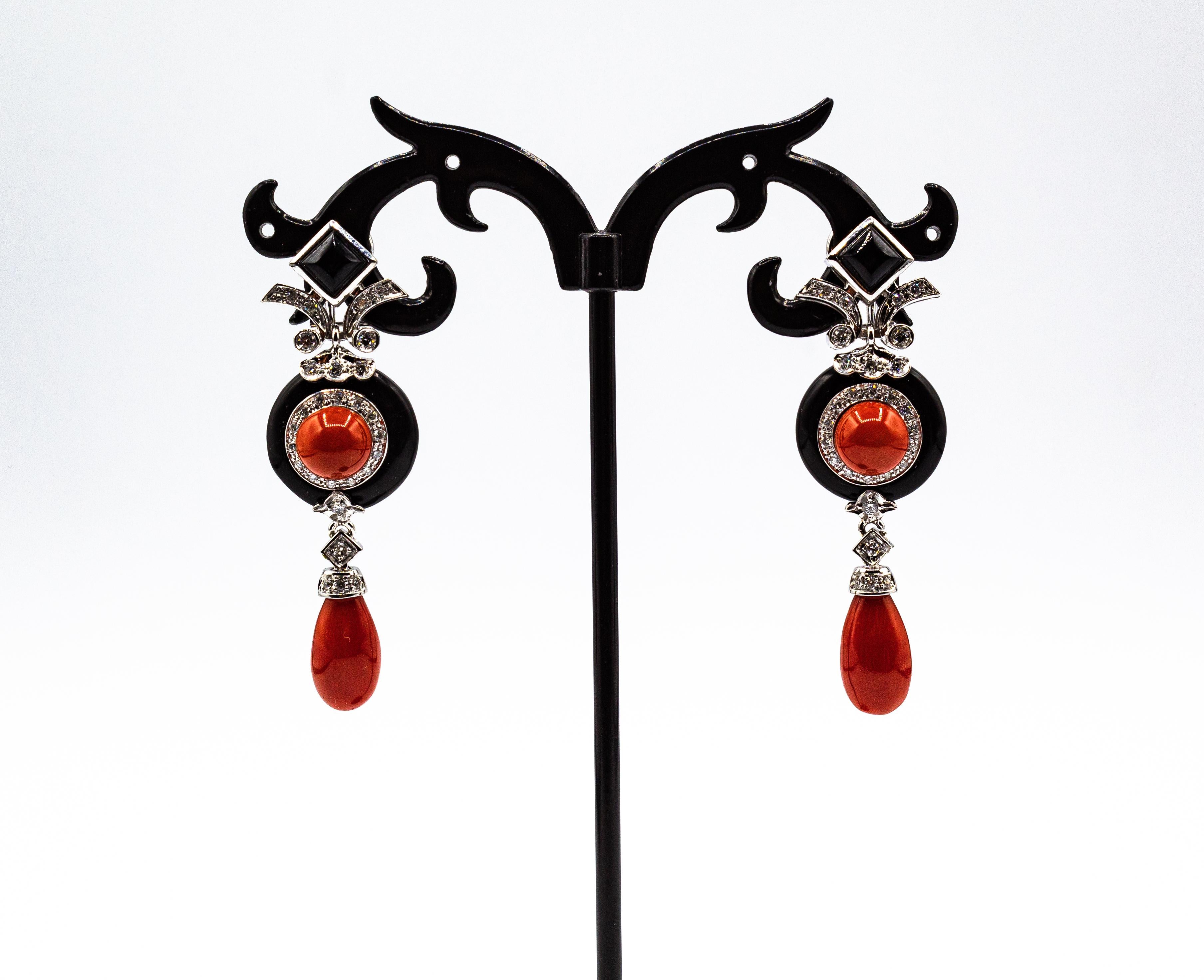 Women's or Men's Art Deco Style Mediterranean Red Coral White Diamond Onyx White Gold Earrings For Sale