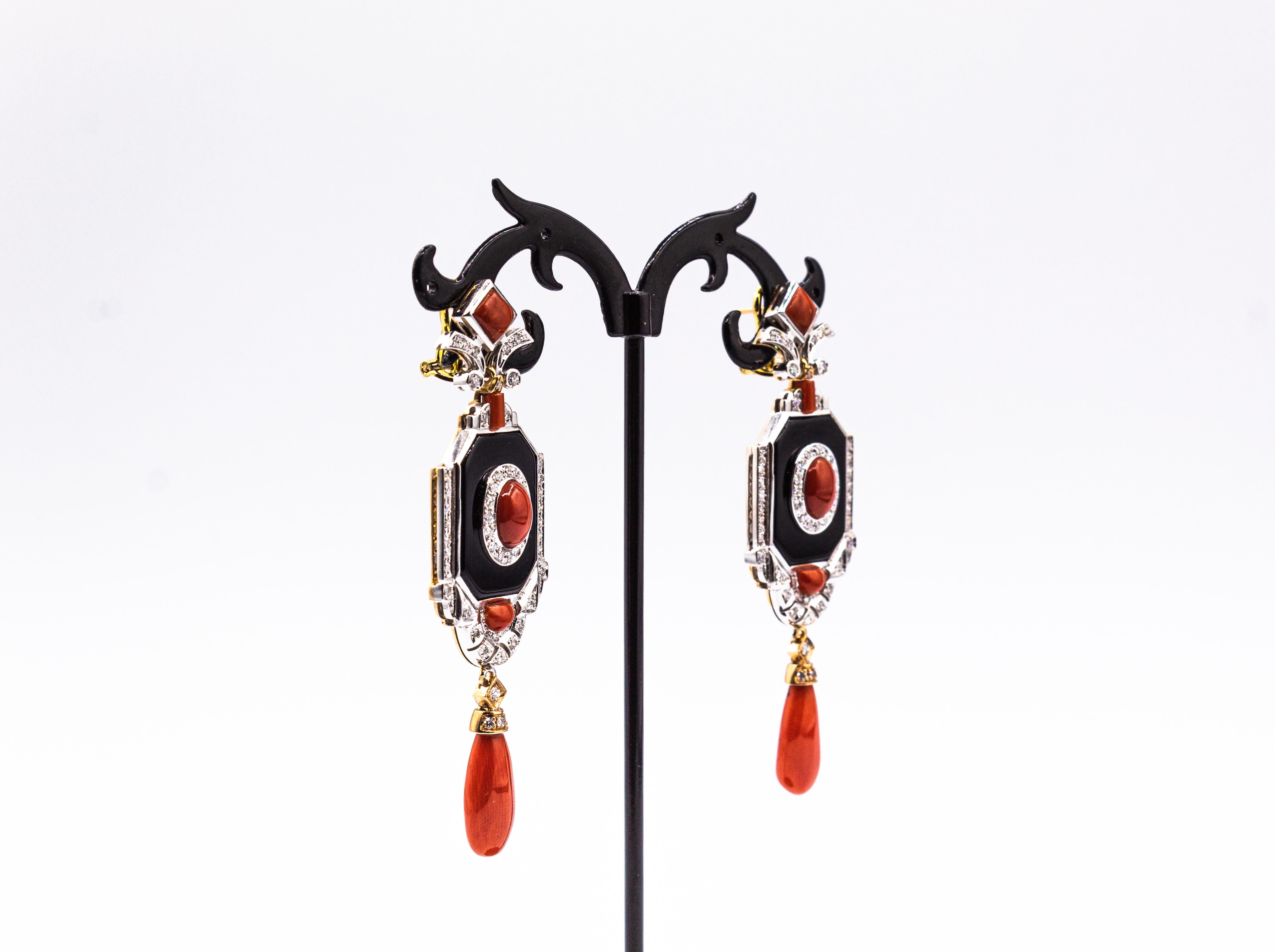 Women's or Men's Art Deco Style Mediterranean Red Coral White Diamond Onyx White Gold Earrings For Sale