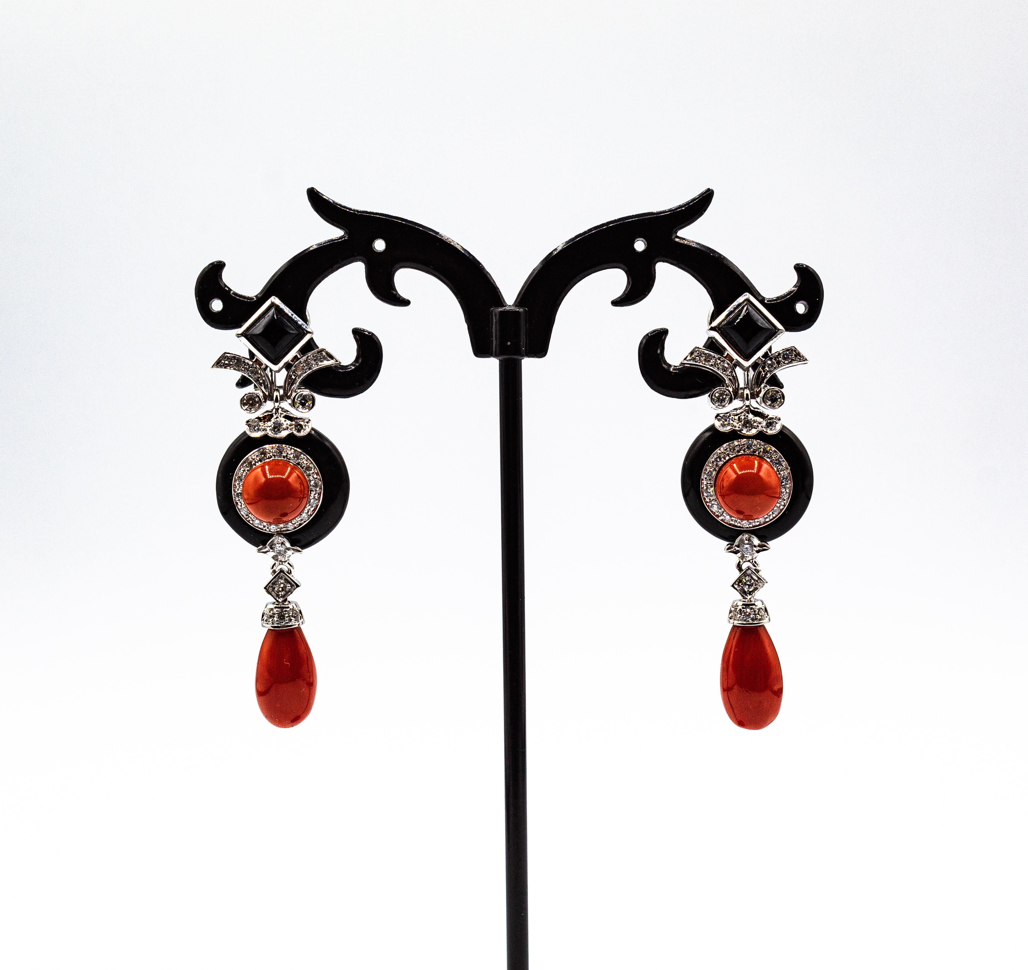 Art Deco Style Mediterranean Red Coral White Diamond Onyx White Gold Earrings In New Condition In Naples, IT
