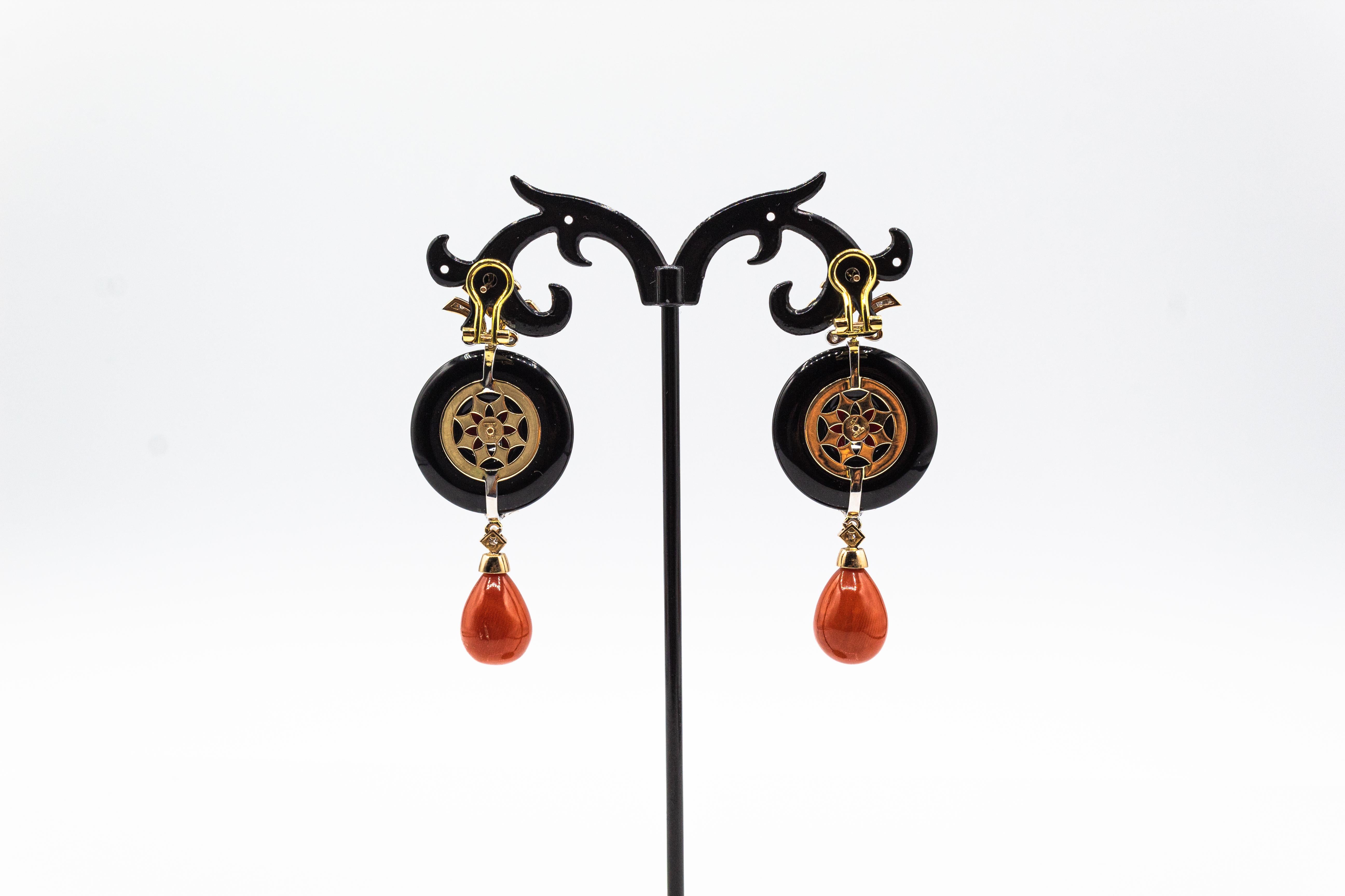 Art Deco Style Mediterranean Red Coral White Diamond Onyx White Gold Earrings For Sale 1