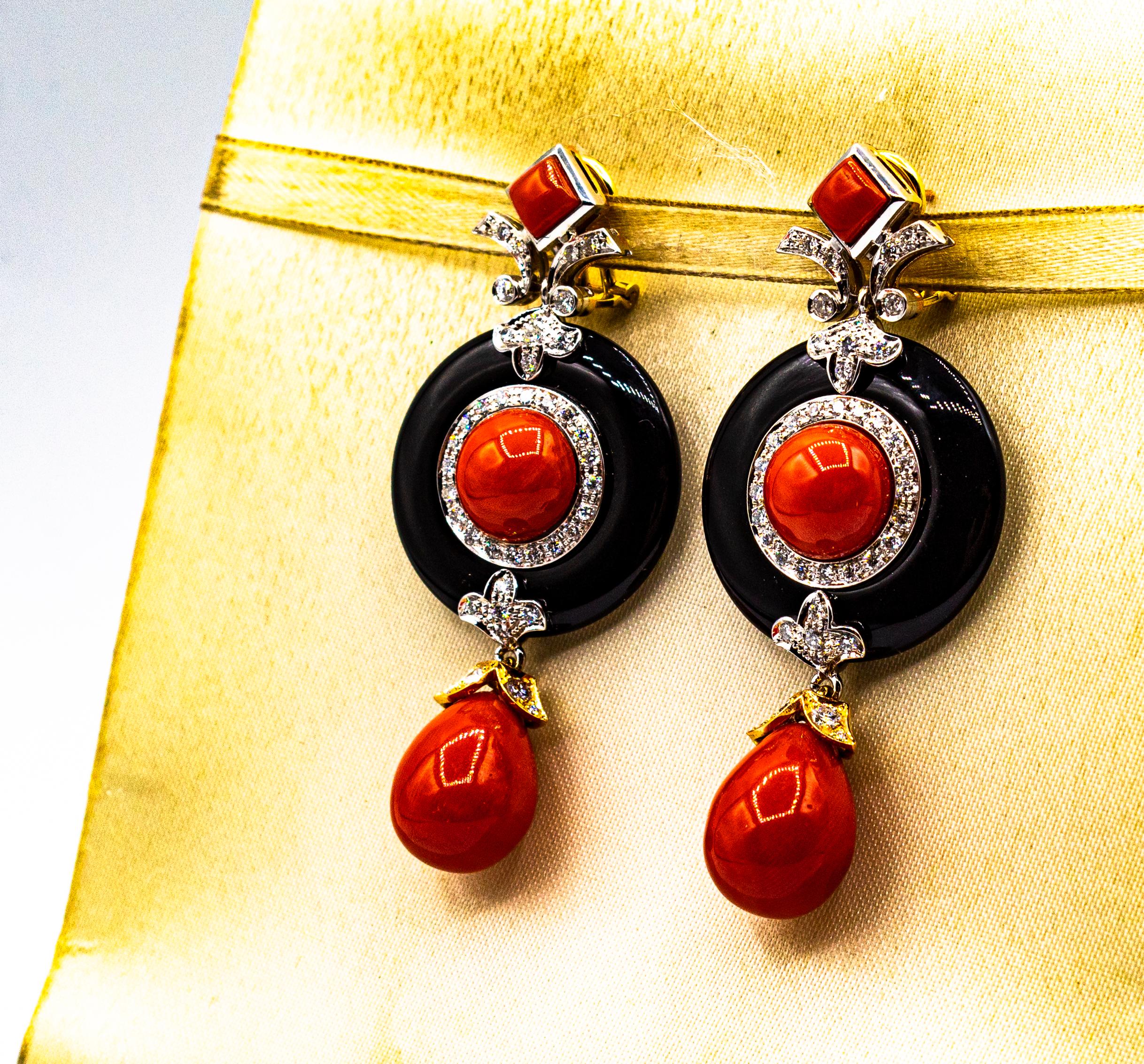 Art Deco Style Mediterranean Red Coral White Diamond Onyx White Gold Earrings 1