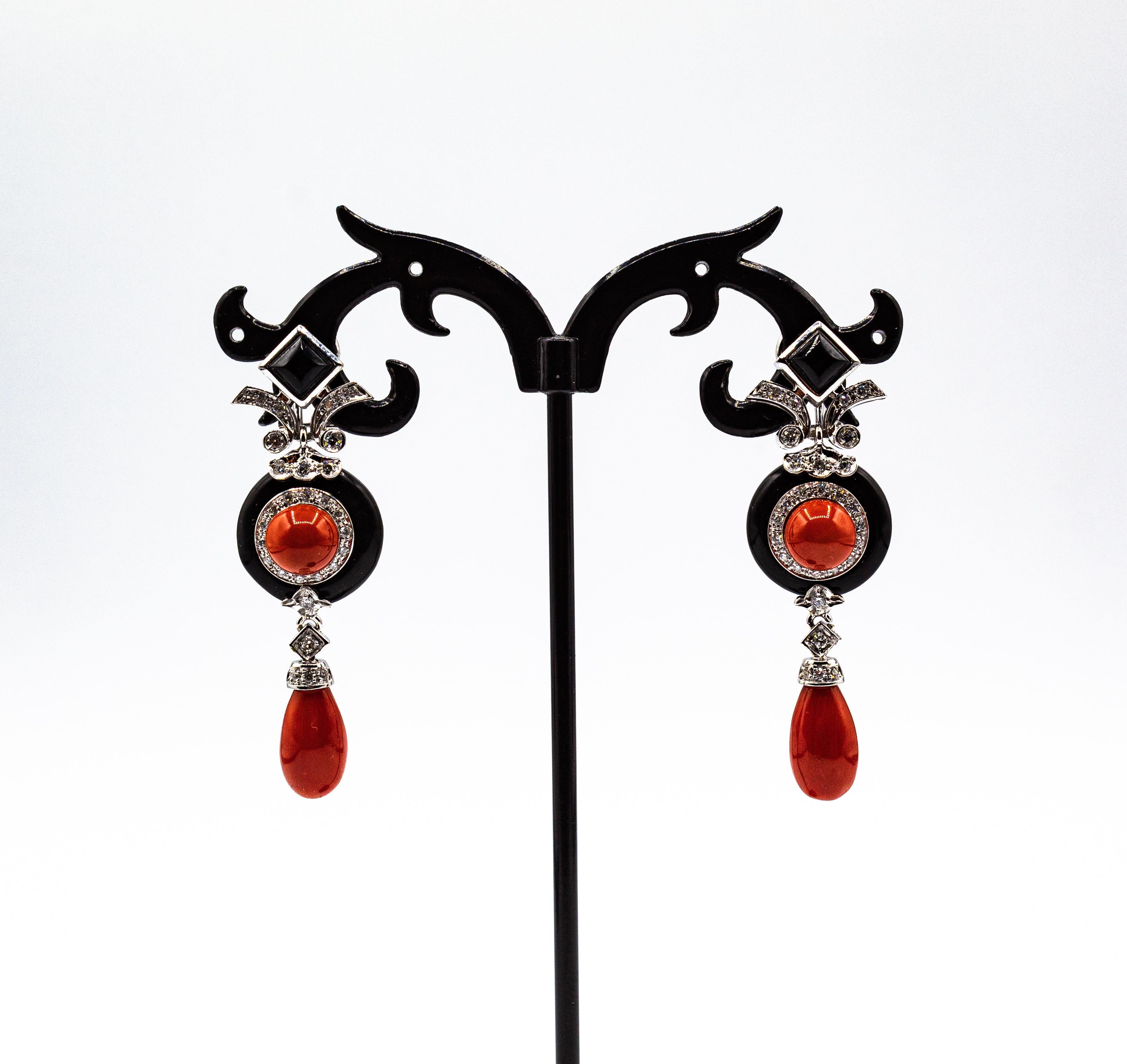 Art Deco Style Mediterranean Red Coral White Diamond Onyx White Gold Earrings For Sale 1