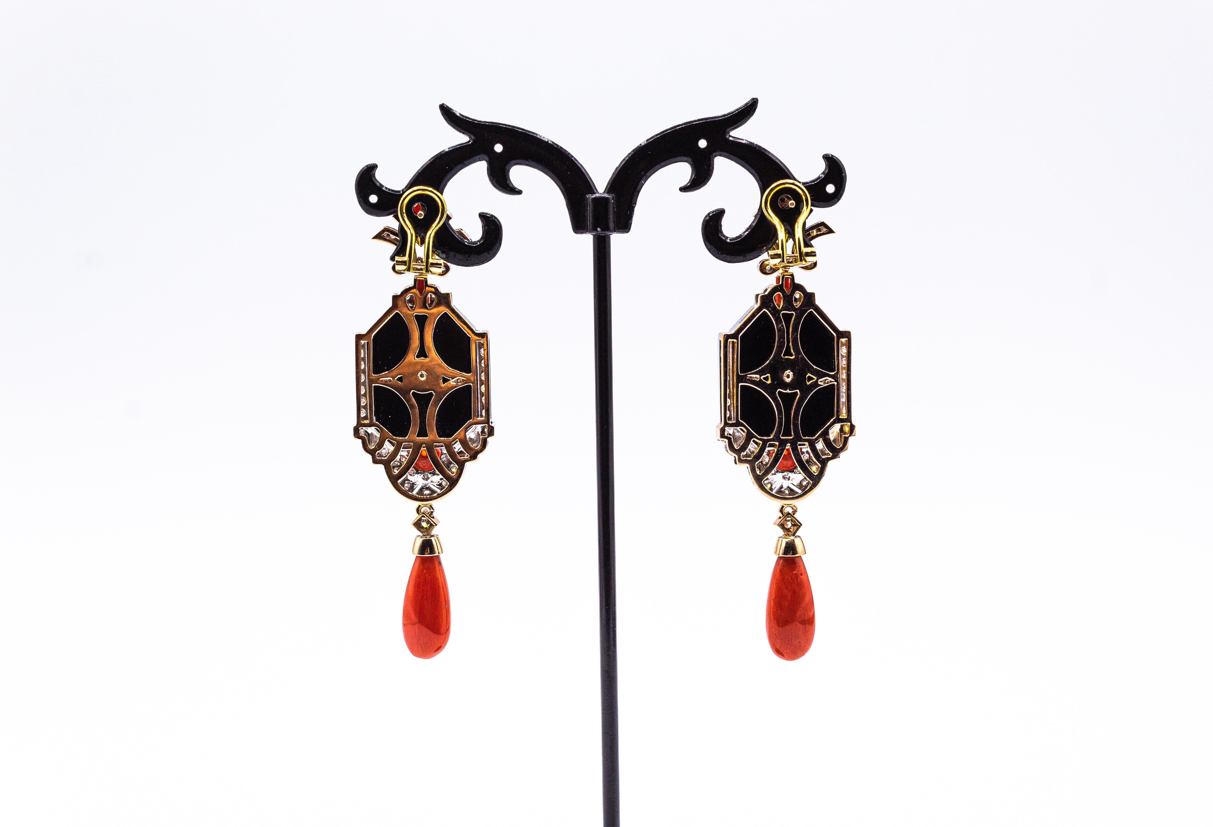 Art Deco Style Mediterranean Red Coral White Diamond Onyx White Gold Earrings For Sale 1