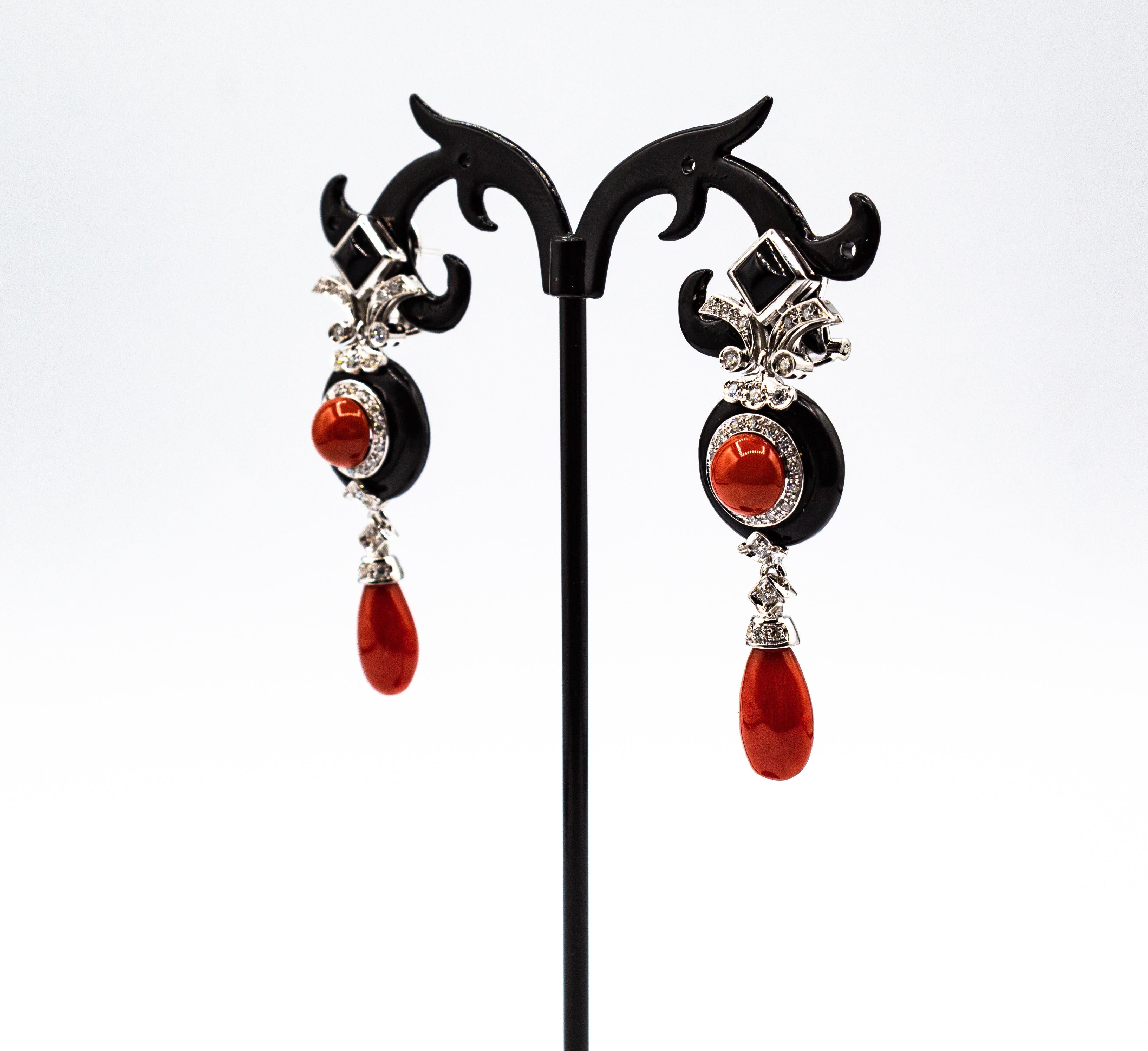 Women's or Men's Art Deco Style Mediterranean Red Coral White Diamond Onyx White Gold Earrings