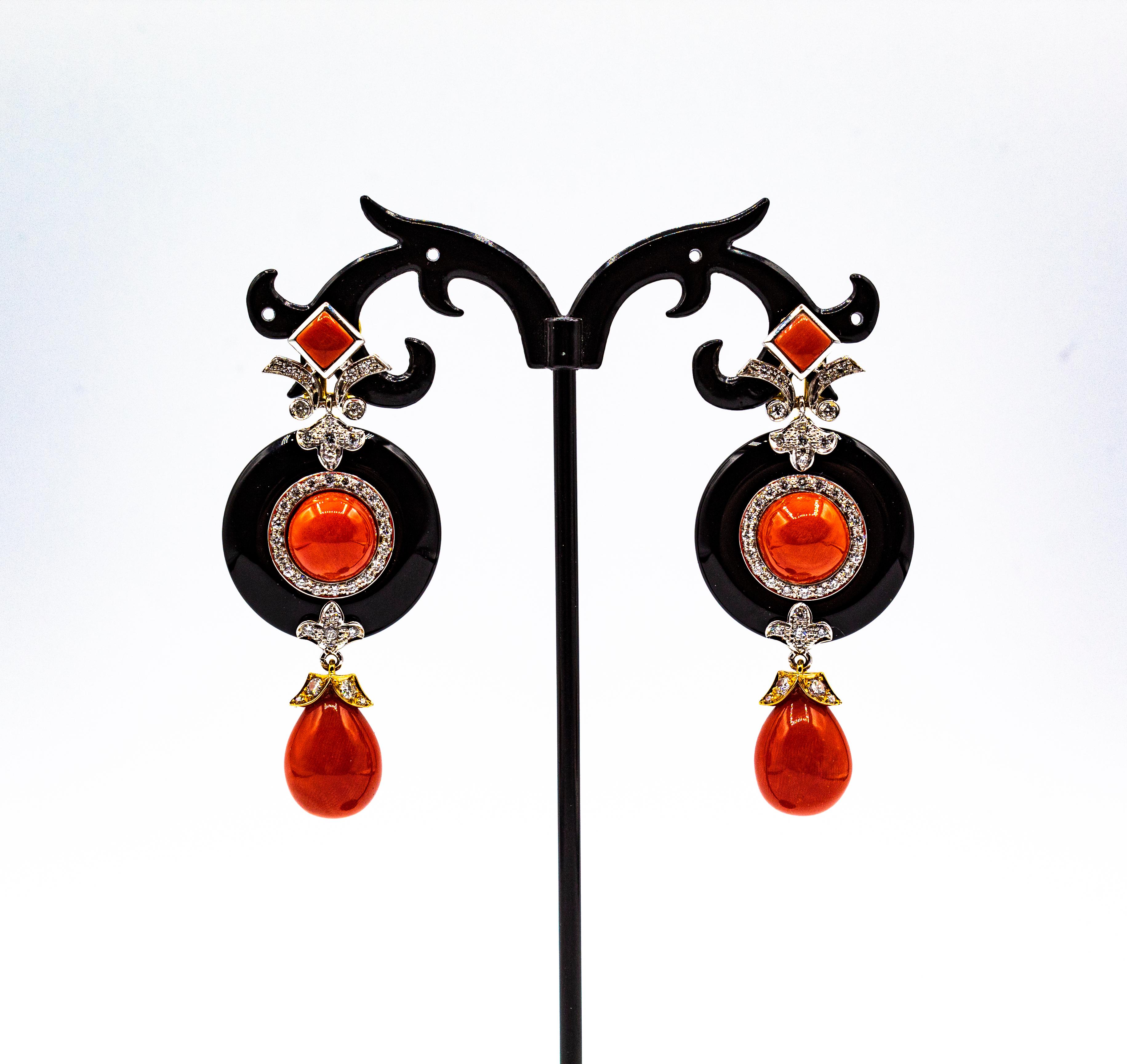 Art Deco Style Mediterranean Red Coral White Diamond Onyx White Gold Earrings For Sale 2