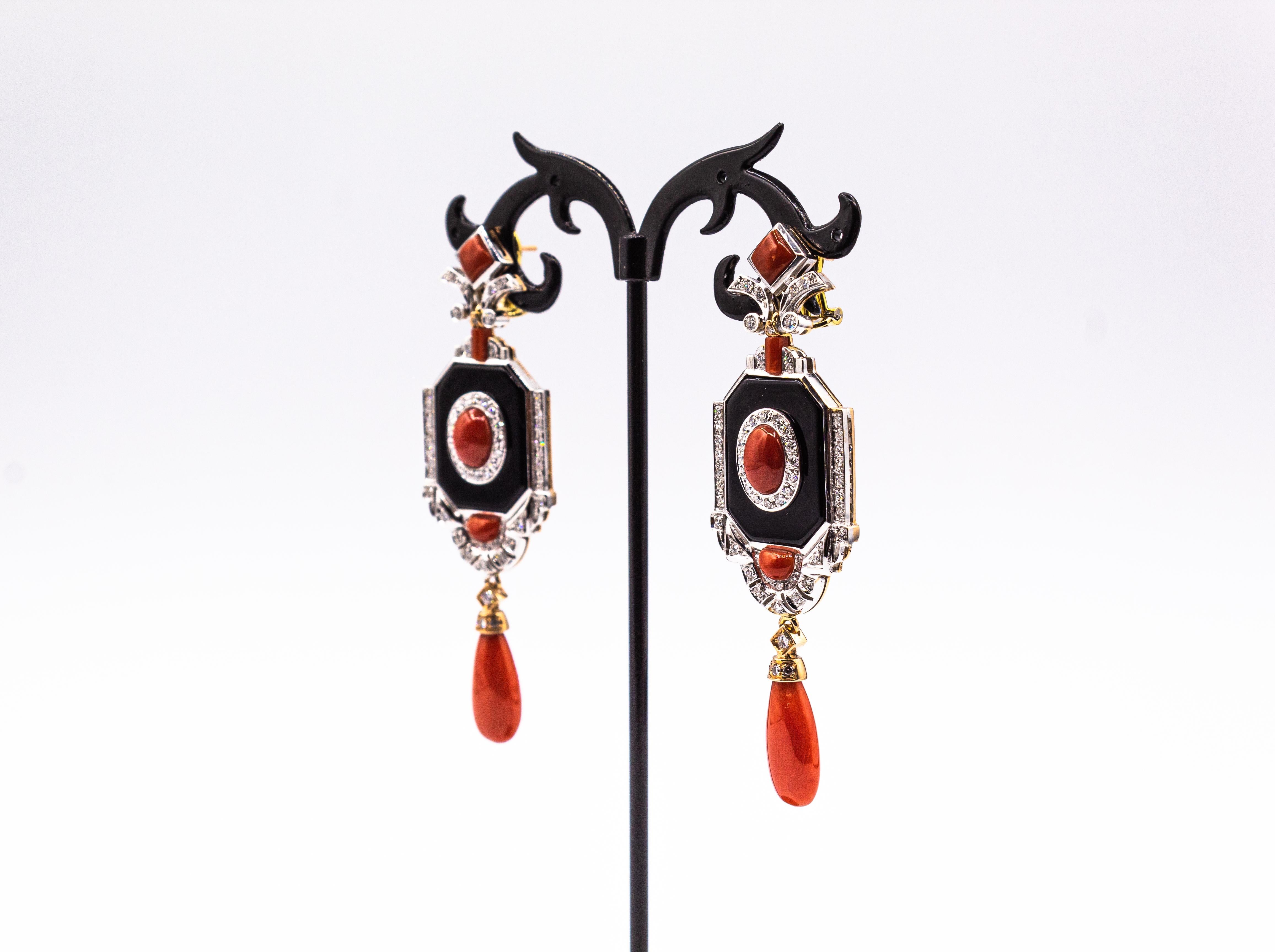 Art Deco Style Mediterranean Red Coral White Diamond Onyx White Gold Earrings For Sale 1