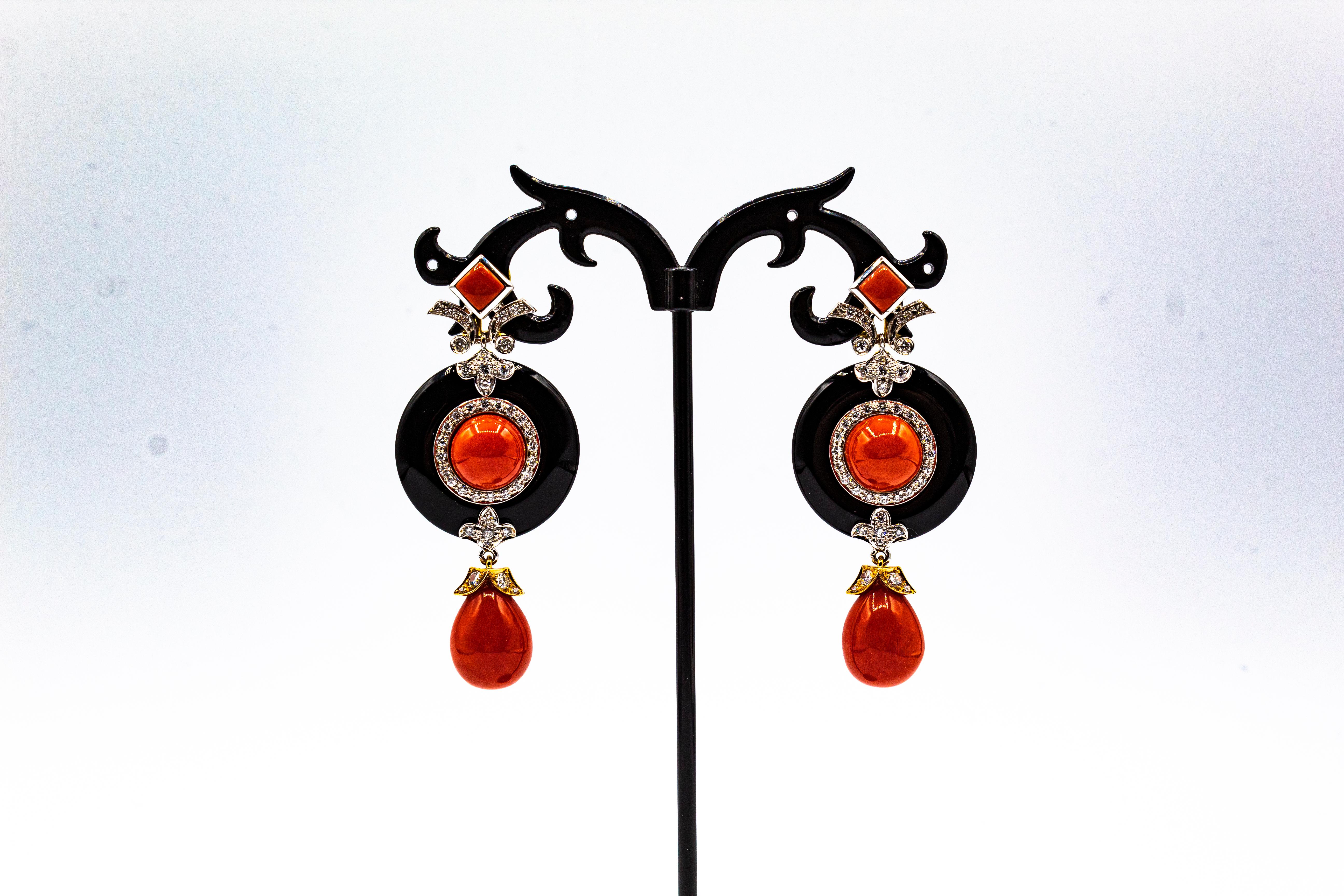 Art Deco Style Mediterranean Red Coral White Diamond Onyx White Gold Earrings For Sale 3