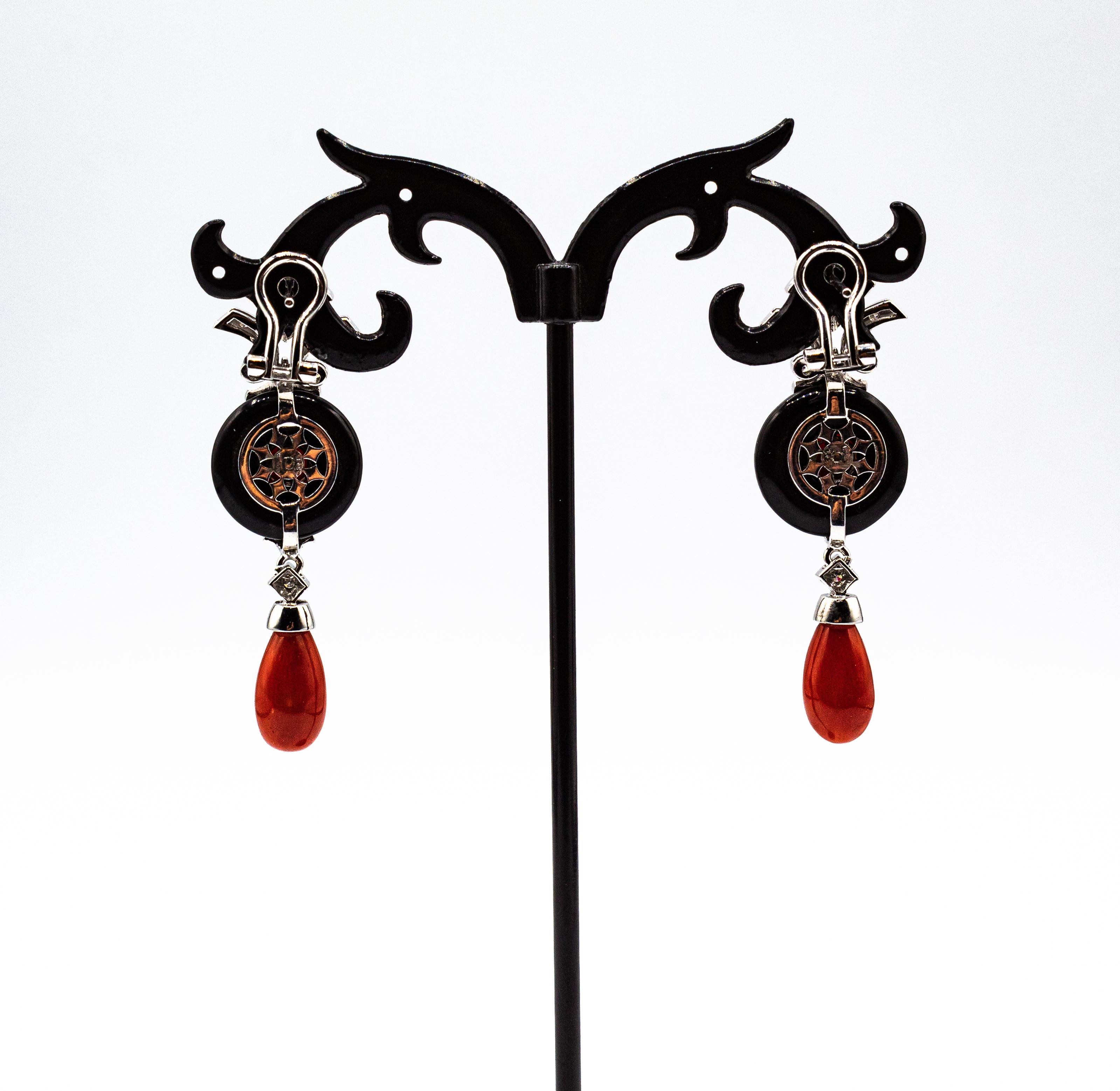 Art Deco Style Mediterranean Red Coral White Diamond Onyx White Gold Earrings For Sale 3