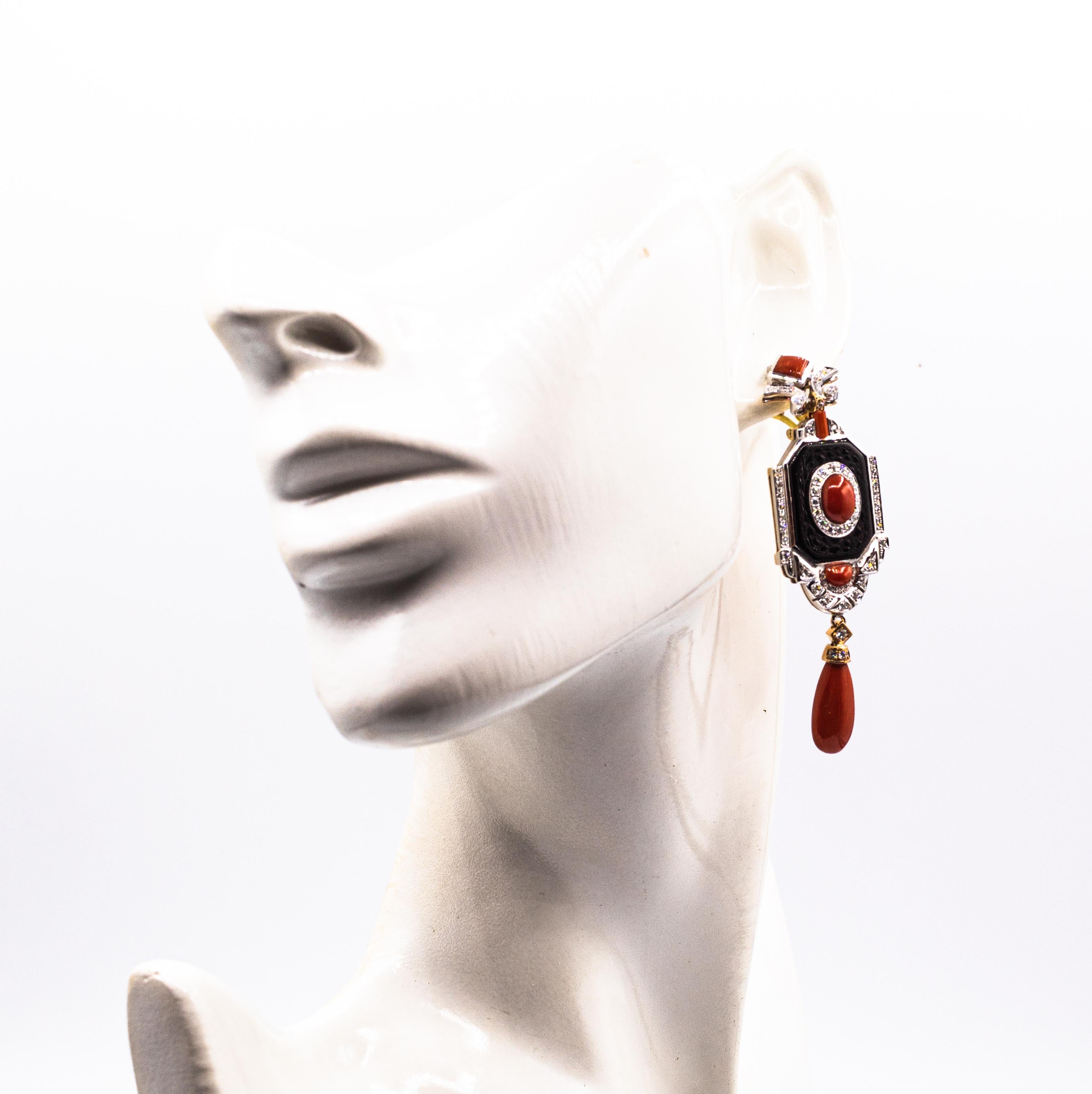 Art Deco Style Mediterranean Red Coral White Diamond Onyx White Gold Earrings For Sale 3