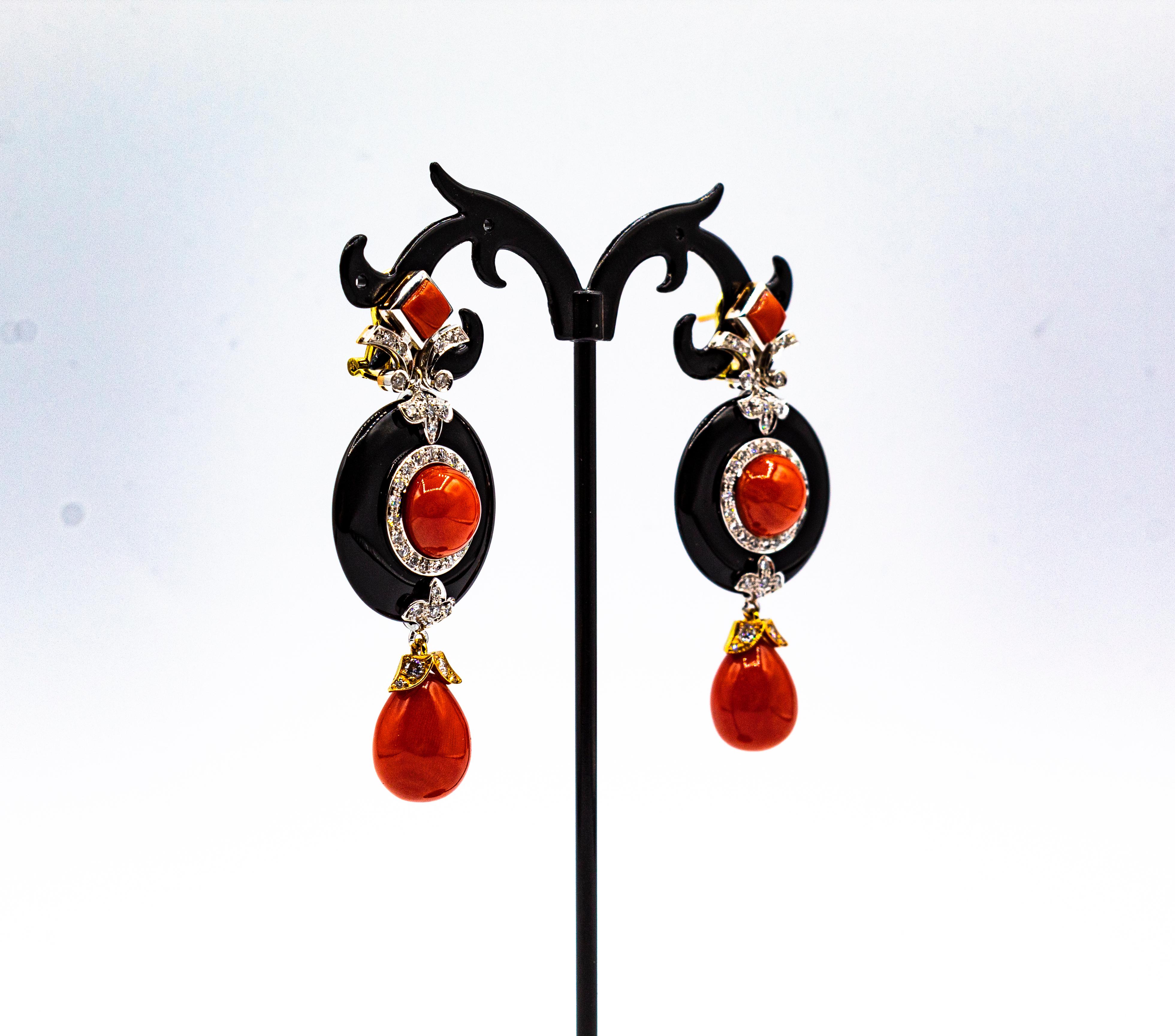 Art Deco Style Mediterranean Red Coral White Diamond Onyx White Gold Earrings For Sale 4