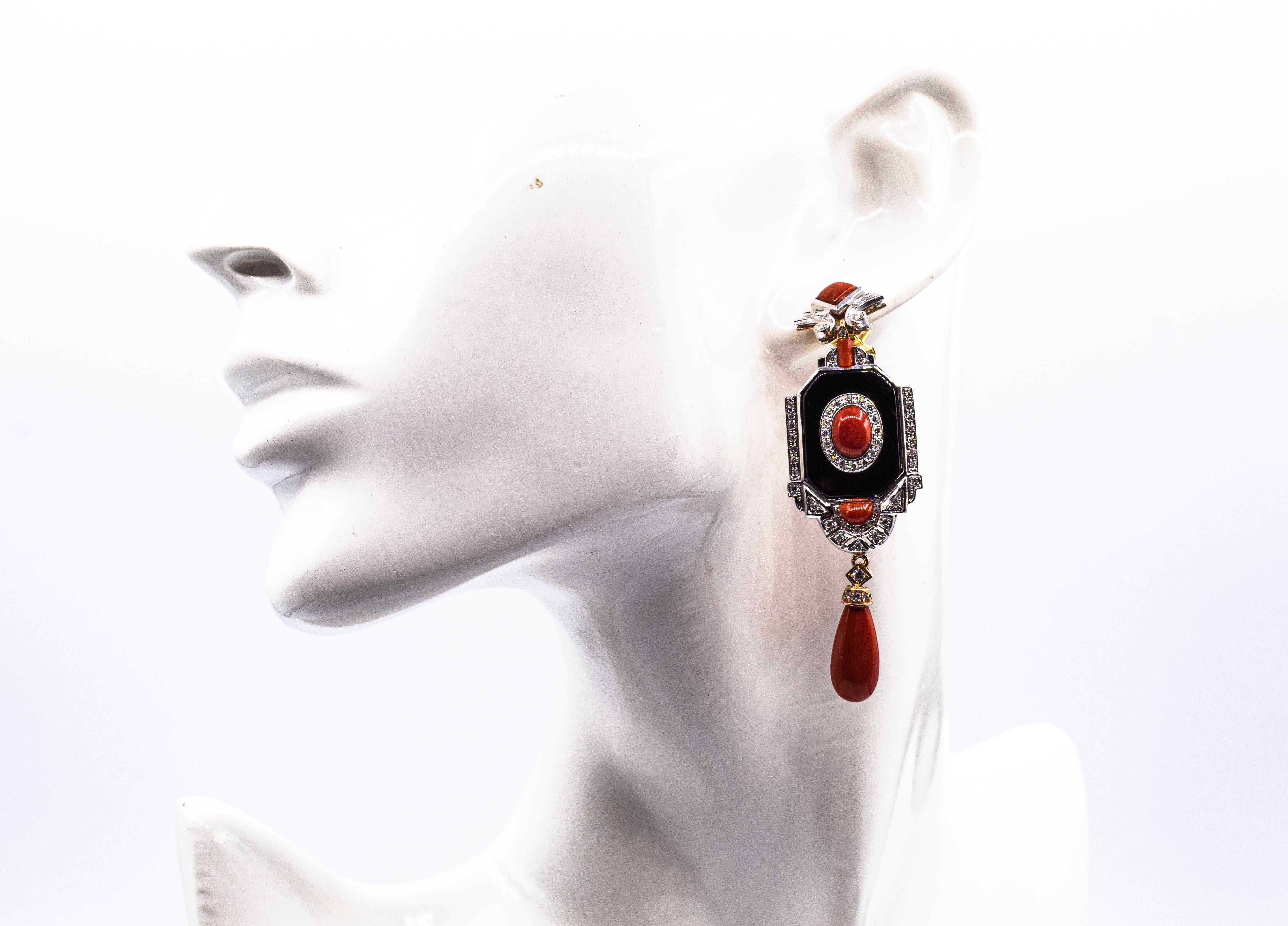 Art Deco Style Mediterranean Red Coral White Diamond Onyx White Gold Earrings For Sale 3