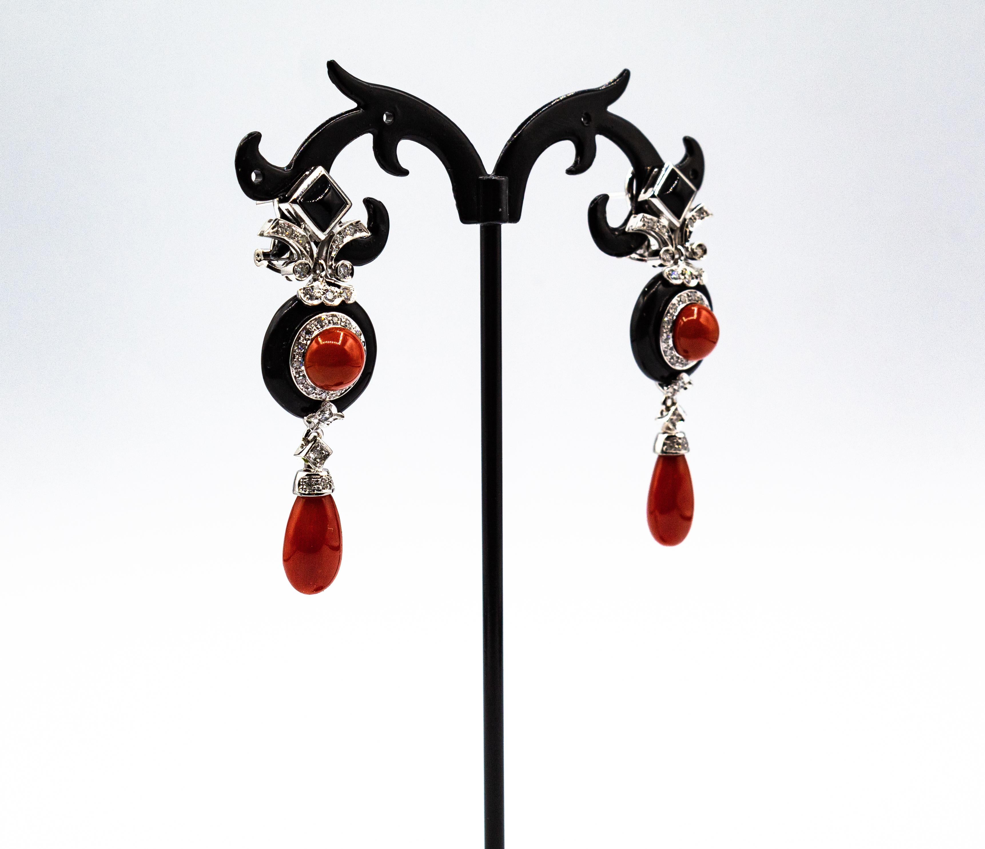 Art Deco Style Mediterranean Red Coral White Diamond Onyx White Gold Earrings For Sale 4