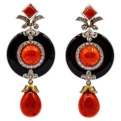 Art Deco Style Mediterranean Red Coral White Diamond Onyx White Gold Earrings