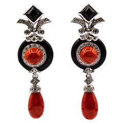 Art Deco Style Mediterranean Red Coral White Diamond Onyx White Gold Earrings