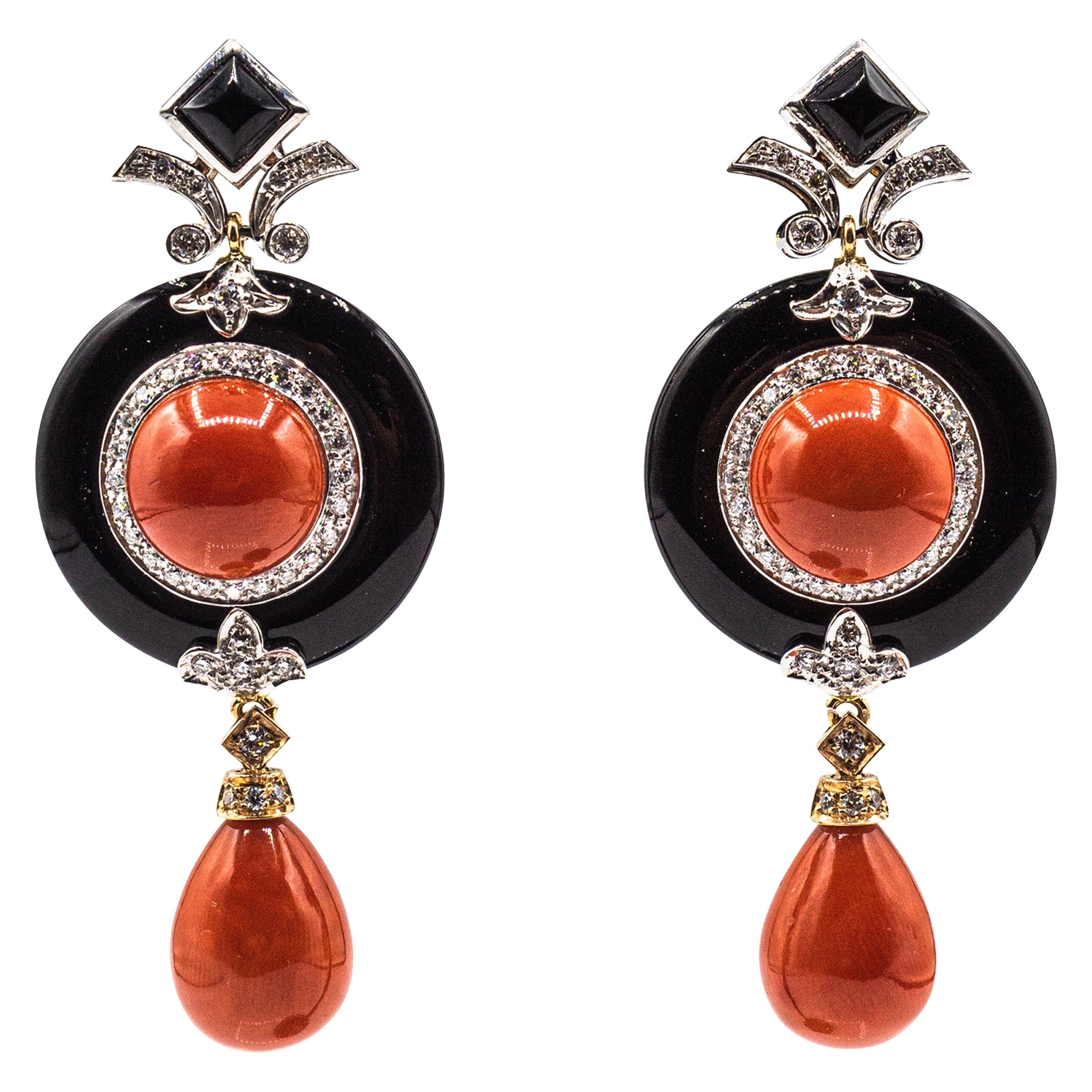 Art Deco Style Mediterranean Red Coral White Diamond Onyx White Gold Earrings For Sale