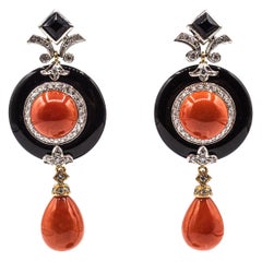 Vintage Art Deco Style Mediterranean Red Coral White Diamond Onyx White Gold Earrings