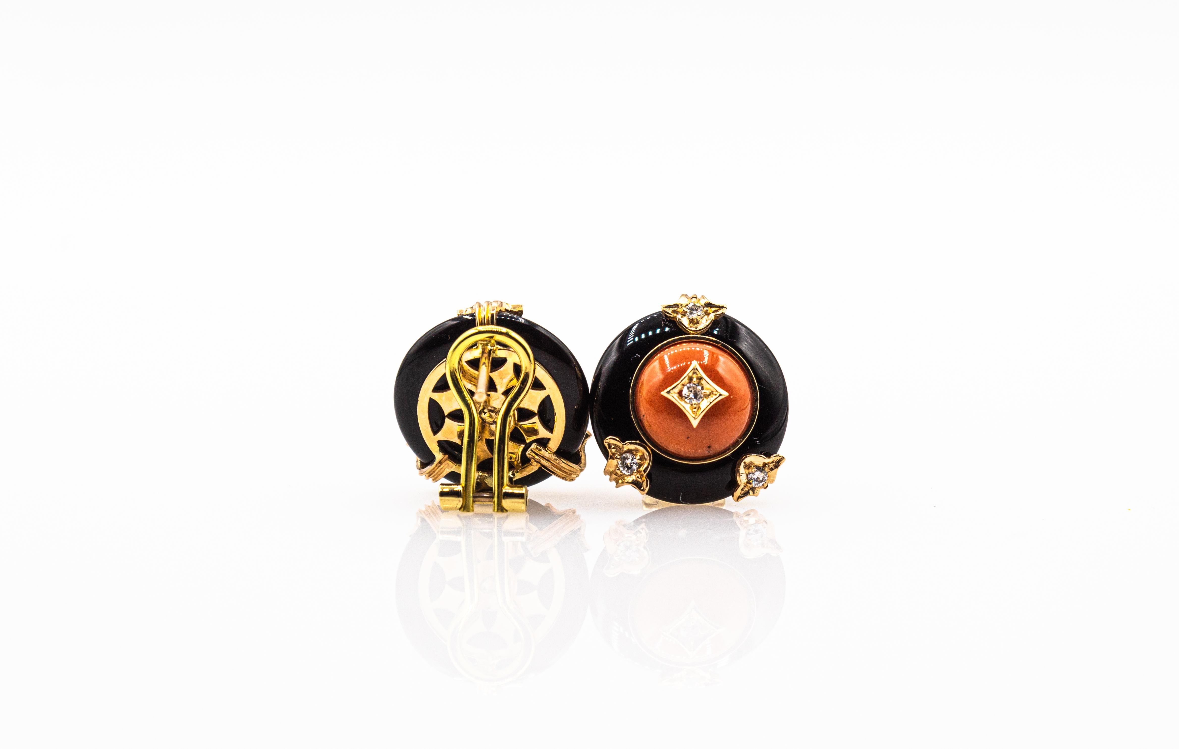 Art Deco Style Mediterranean Red Coral White Diamond Onyx Yellow Gold Earrings For Sale 5