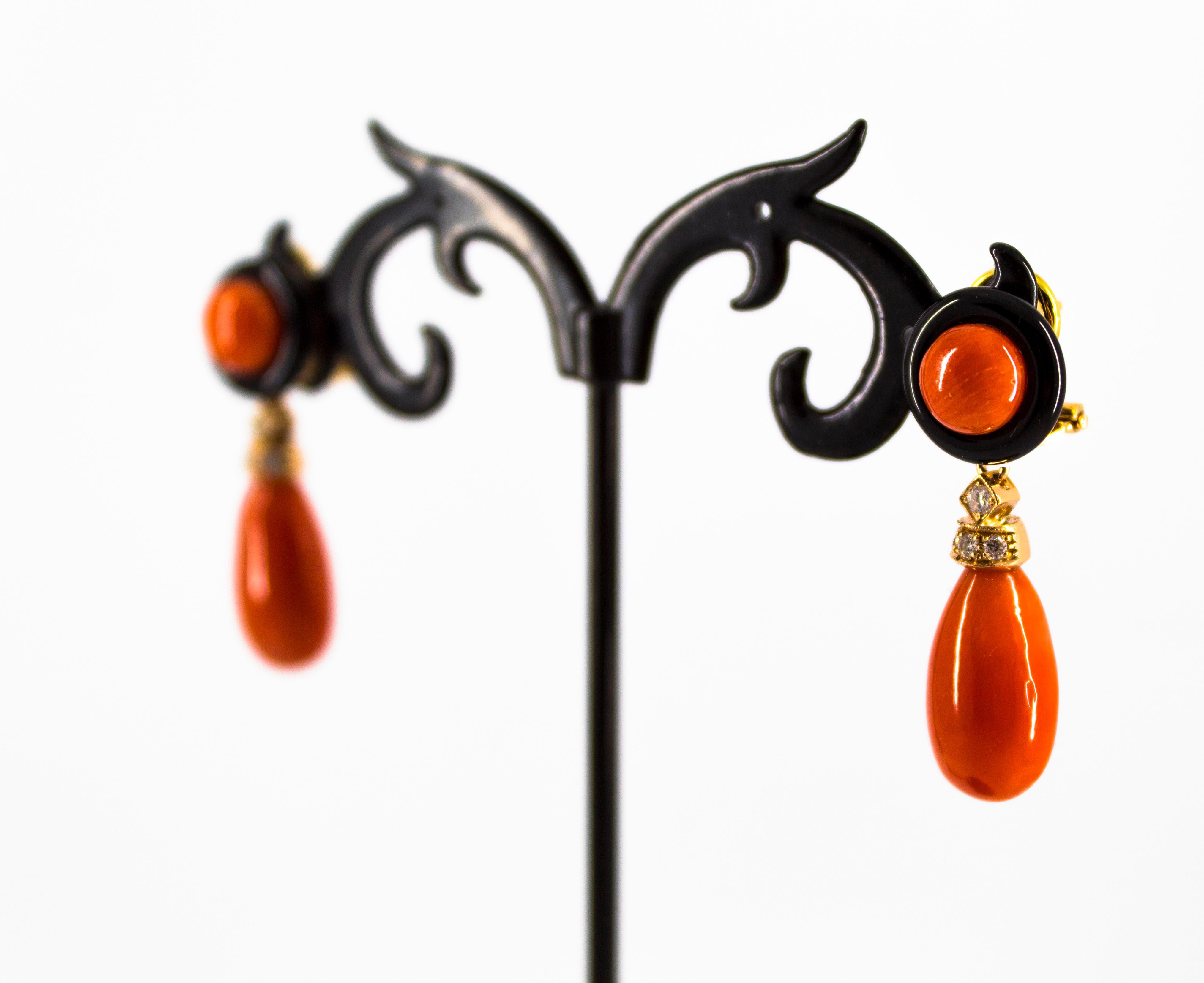 Art Deco Style Mediterranean Red Coral White Diamond Onyx Yellow Gold Earrings For Sale 5