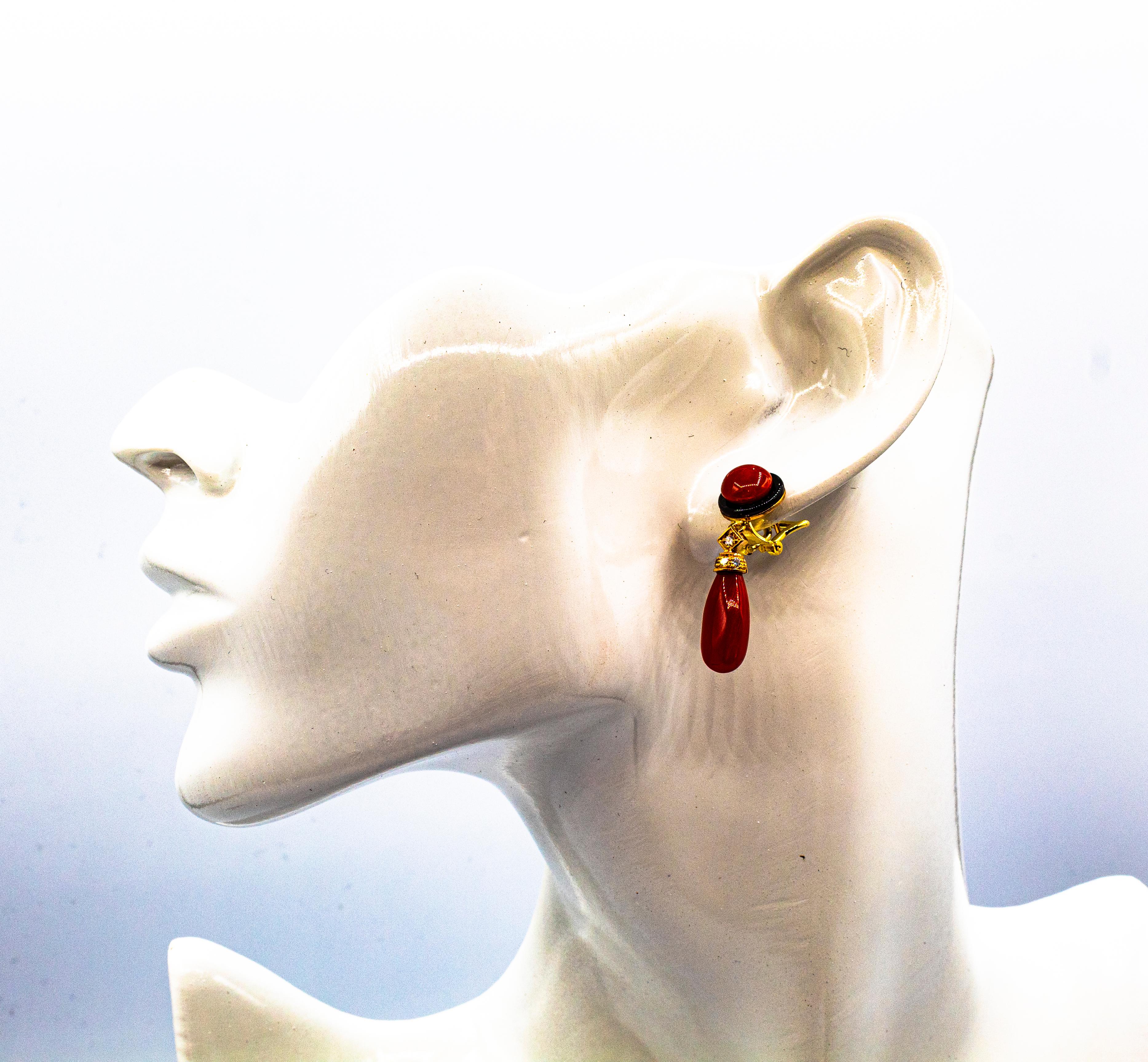 Art Deco Style Mediterranean Red Coral White Diamond Onyx Yellow Gold Earrings For Sale 5