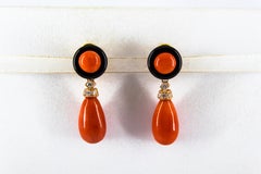 Art Deco Style Mediterranean Red Coral White Diamond Onyx Yellow Gold Earrings