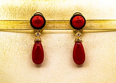 Art Deco Style Mediterranean Red Coral White Diamond Onyx Yellow Gold Earrings
