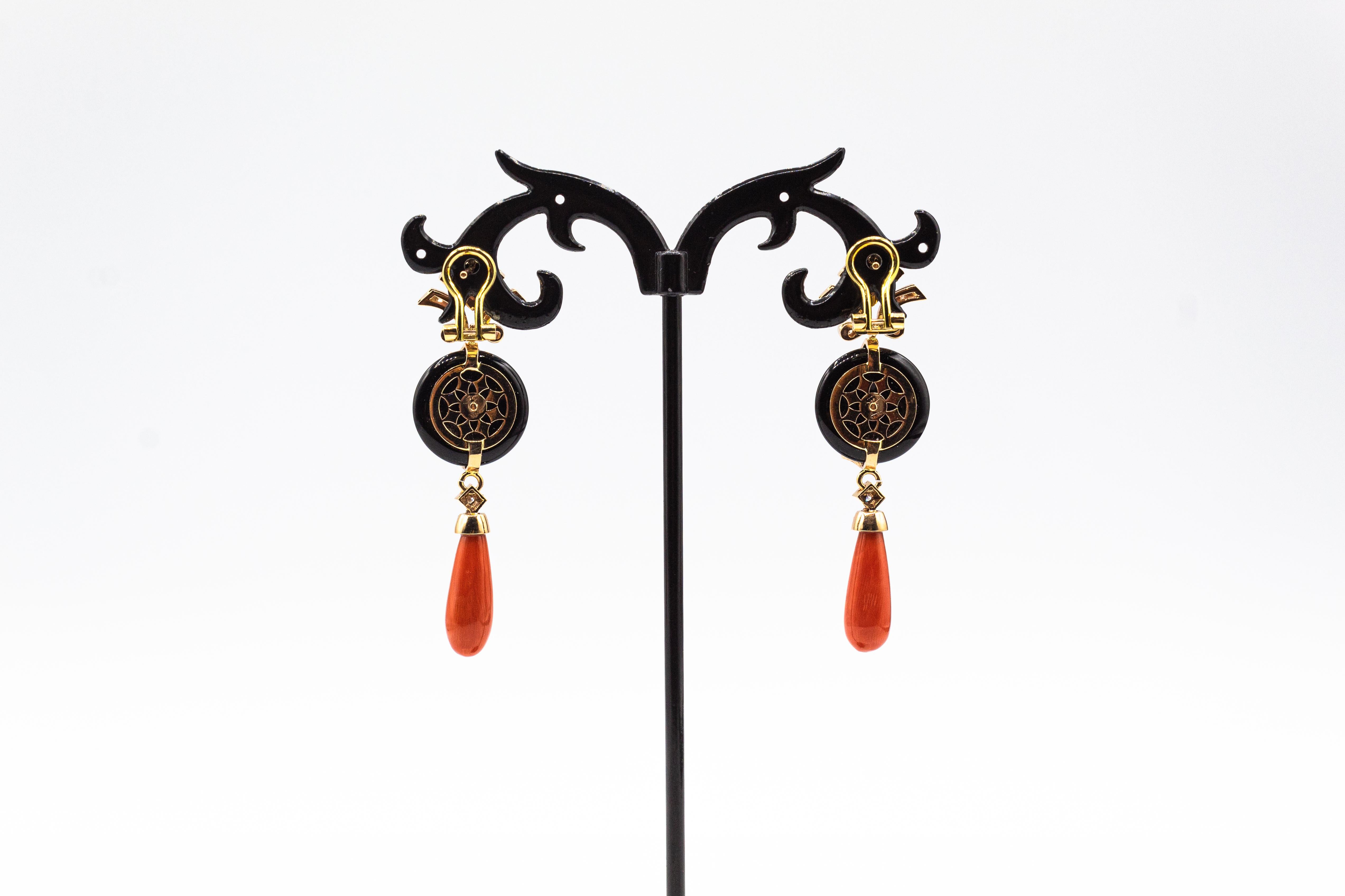 Brilliant Cut Art Deco Style Mediterranean Red Coral White Diamond Onyx Yellow Gold Earrings For Sale