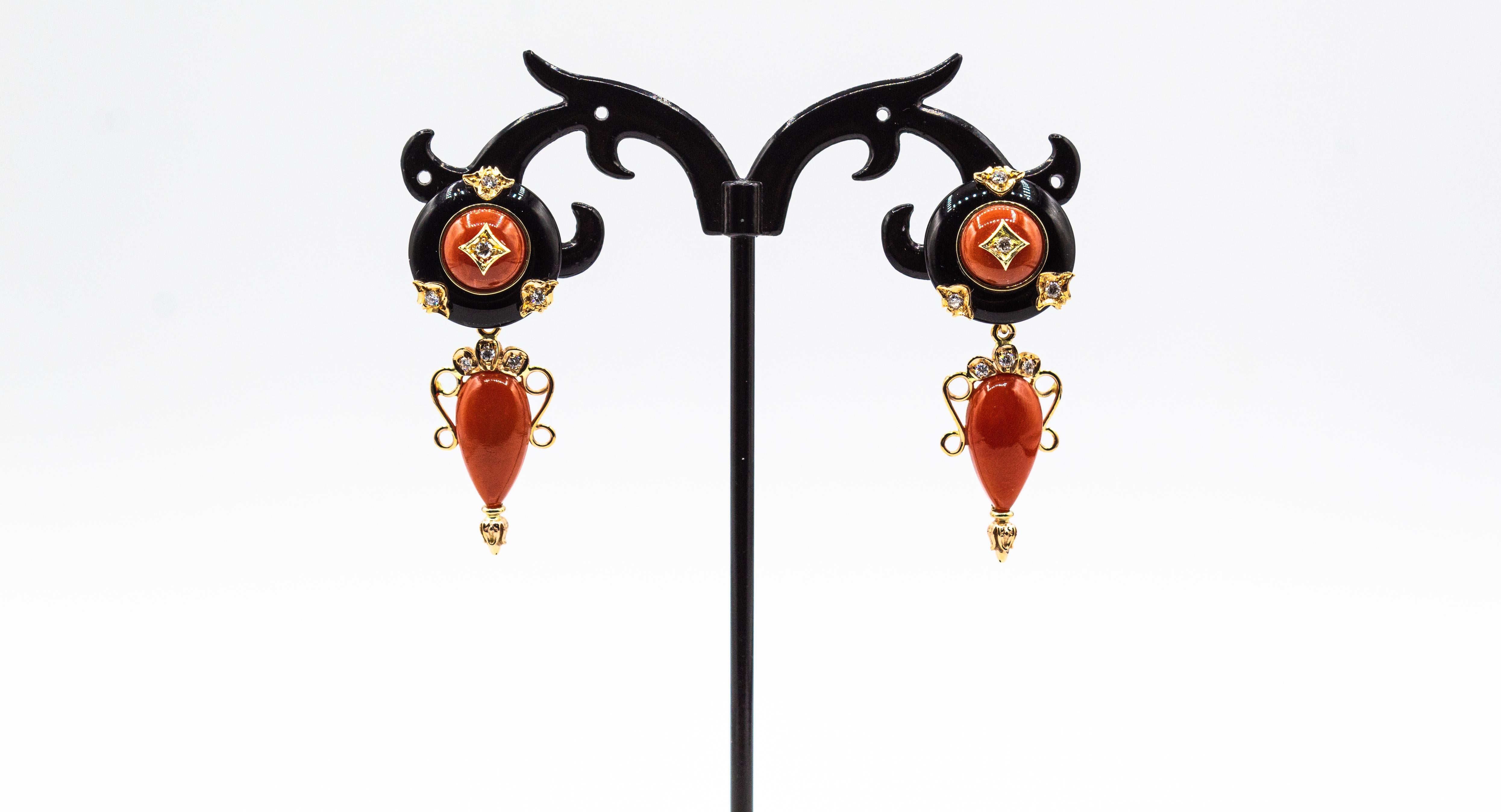 Brilliant Cut Art Deco Style Mediterranean Red Coral White Diamond Onyx Yellow Gold Earrings For Sale
