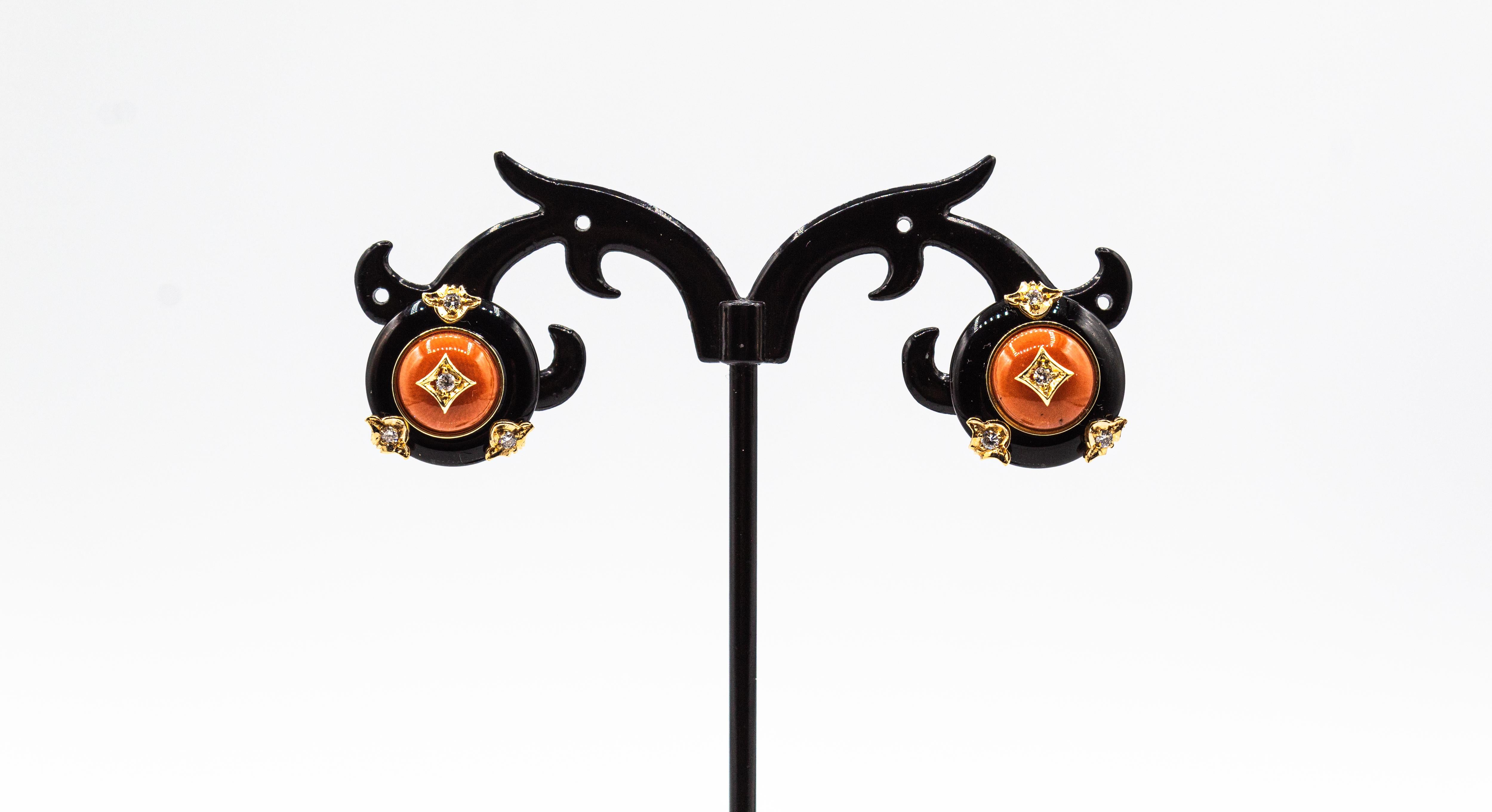 Brilliant Cut Art Deco Style Mediterranean Red Coral White Diamond Onyx Yellow Gold Earrings
